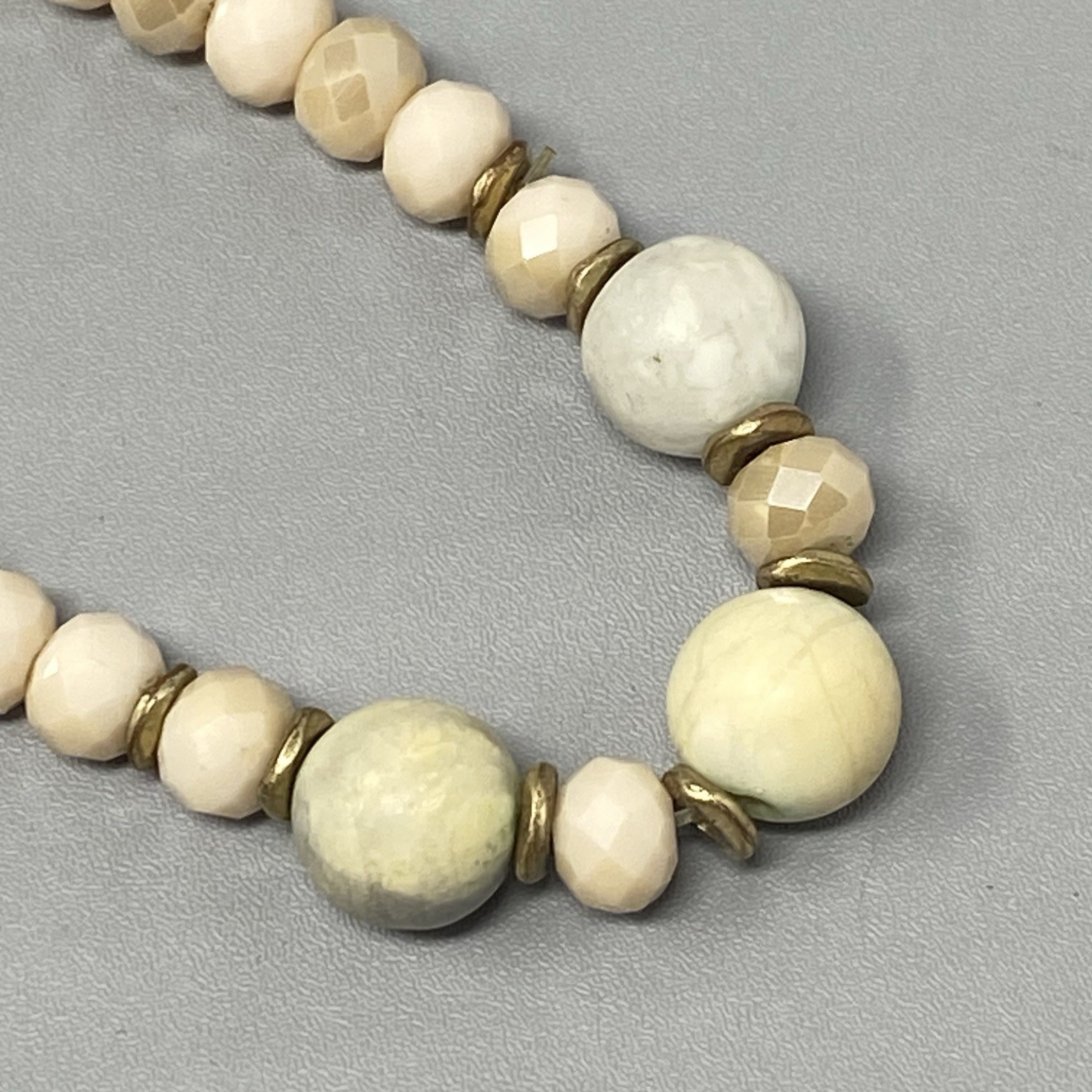 Stone Glass Bead Bracelet Cream Marble Gemstone Fire Polished Faceted Stretch 7″