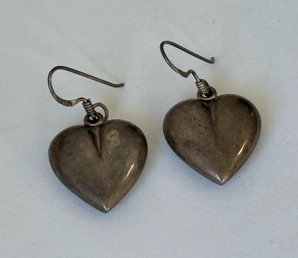 Vintage Sterling Silver 925 Puffy Heart Drop Dangle Hook Earrings