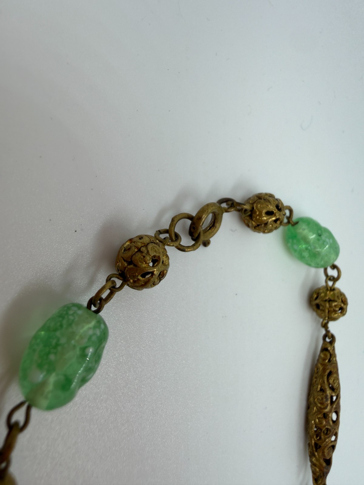 Vintage Necklace Art Deco Green Art Glass Bird Brass Asian Pendant Filigree PJ