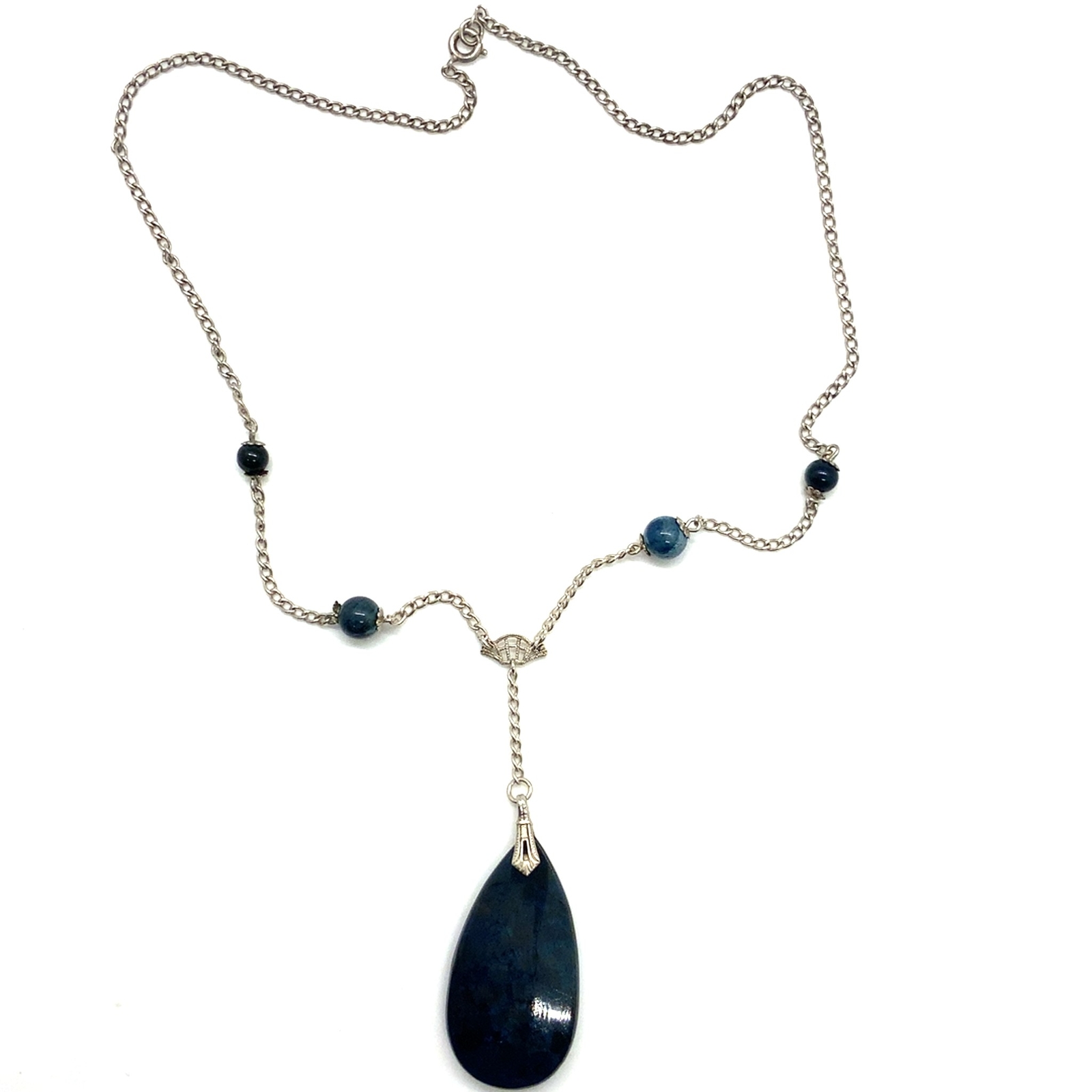 Vtg Signed Sterling Silver Lapis Lazuli Teardrop and Bead Lariat Necklace 18 3/4