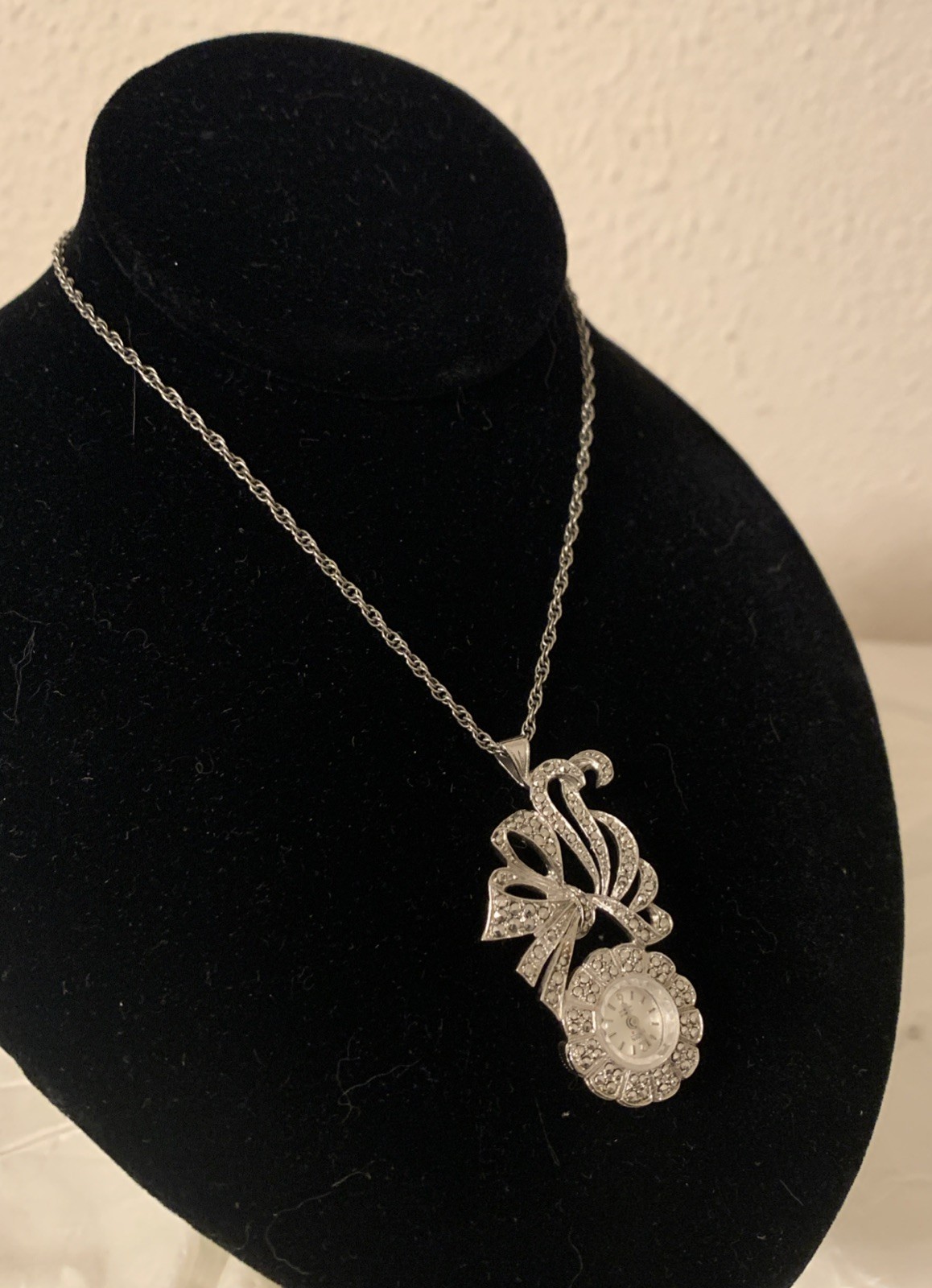 Vintage Hilton Watch Necklace 24.5” Pendant Manual Wind Marcasite Silver Tone