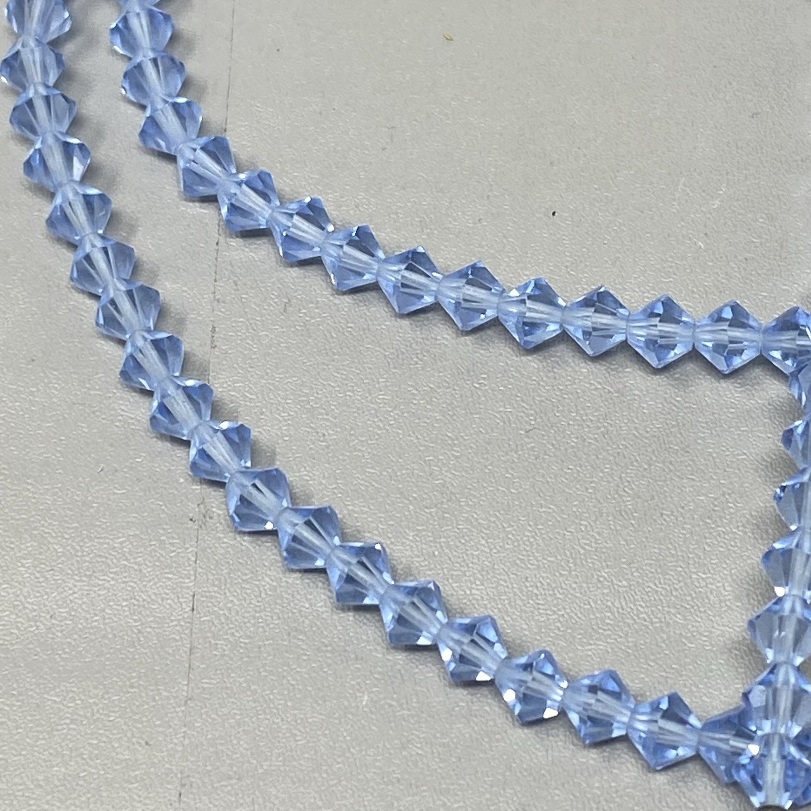 Light Blue Glass Beaded Necklace Bicone Faceted Shiny Fire Polished Vintage 24″