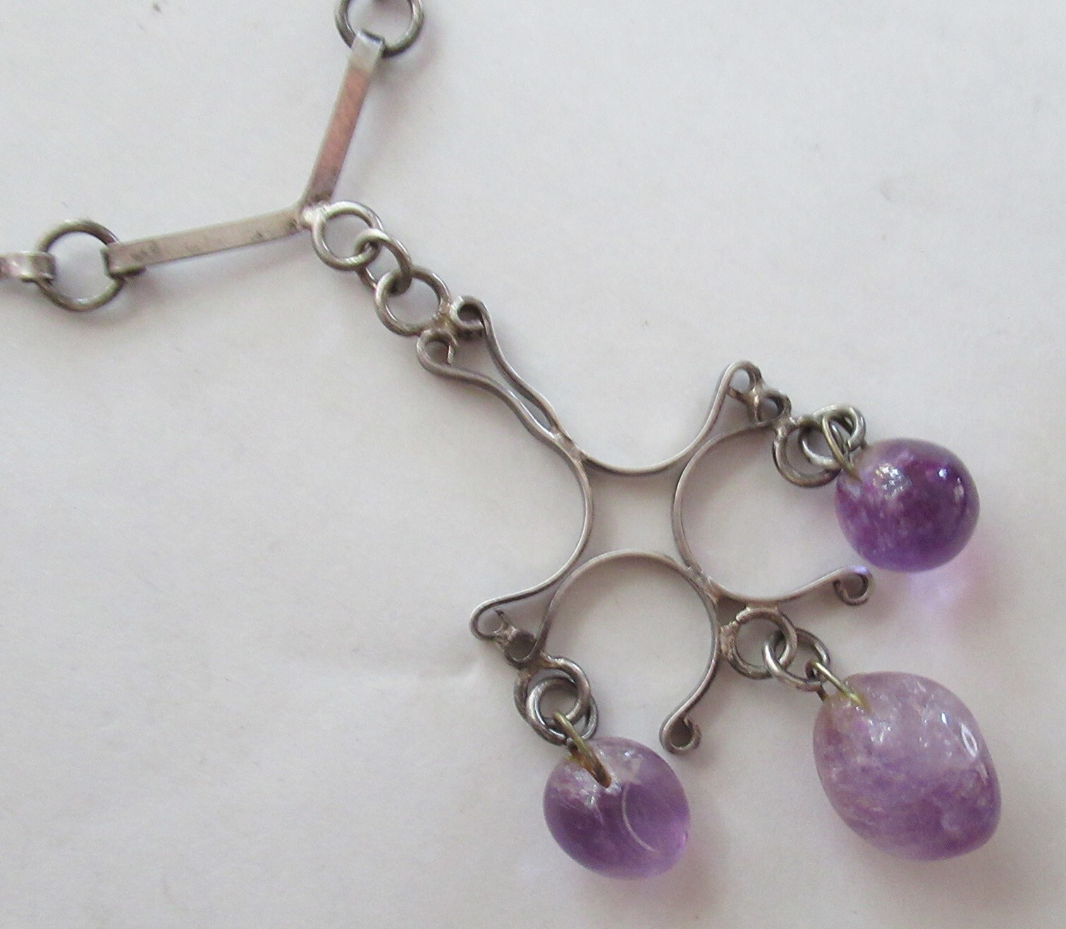 HANDMADE STERLING MODERNIST NECKLACE w AMETHYST, 2 3/8″ PENDANT, 18 INCHES