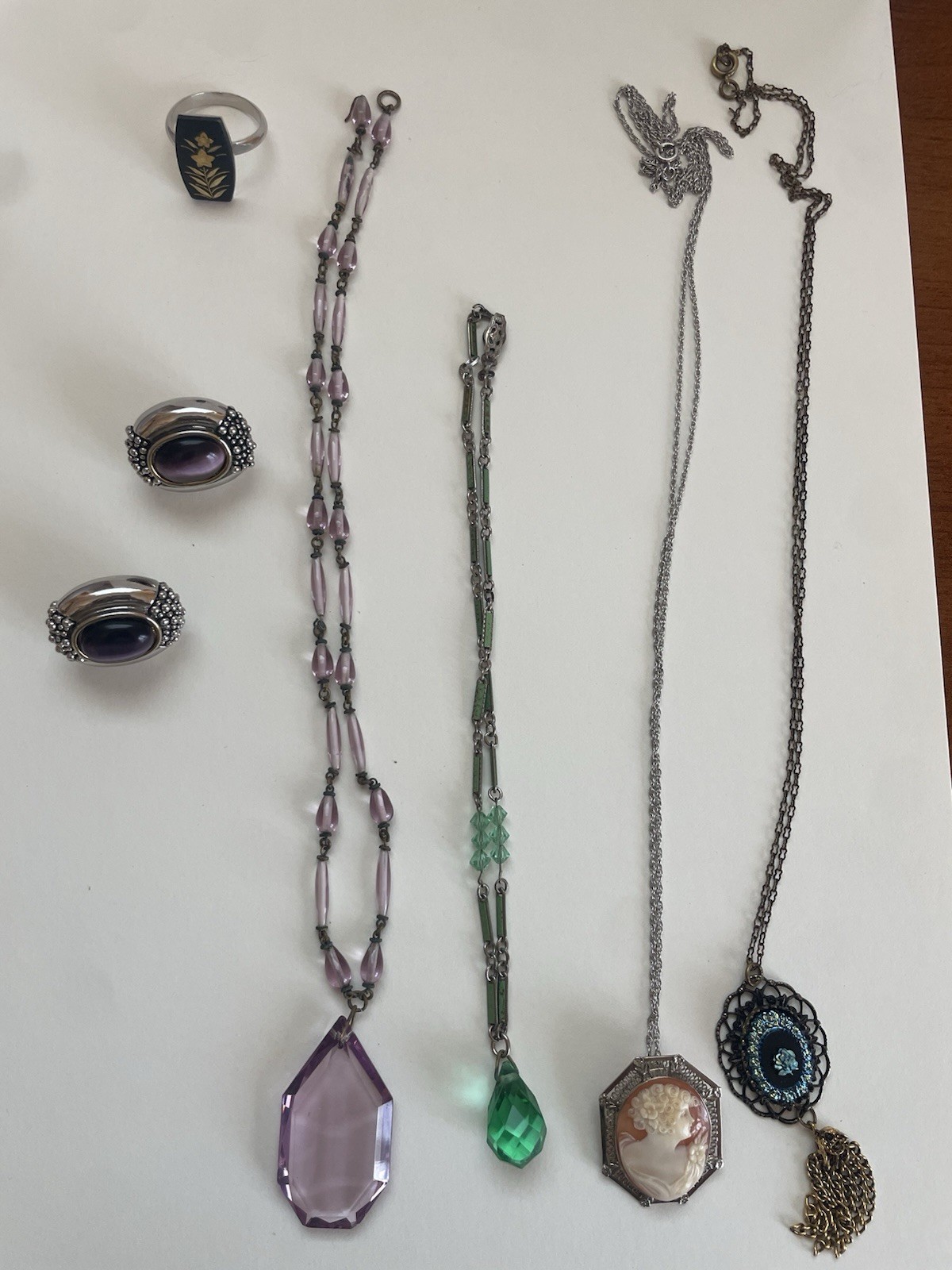 Art Deco Vintage Cameo Amethyst Jewlrey Lot Glass Beaded Necklace Ring Brooch