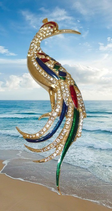 Rhinestone & Enamel Peacock Bird Brooch Red Green Purple Gold Multicolor