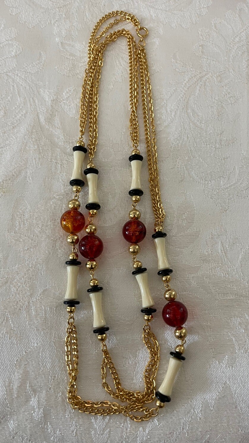 Vintage 24” Gold Tone Black, Cream & Amber Colored Beads Necklace