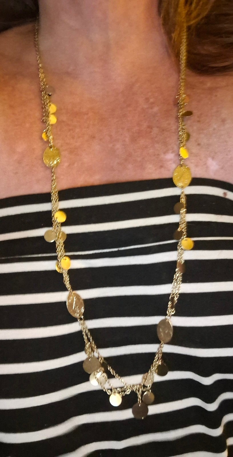 Goldtone multistrand necklace texture finish dangly coins