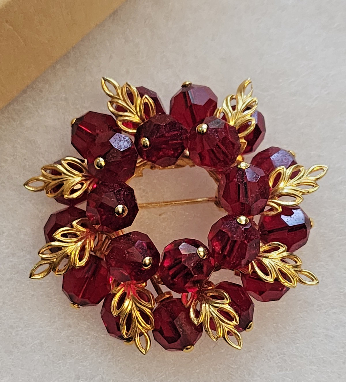 Austria Brooch w/ Red Beads and Gold Tone Filigree Leaf Accents