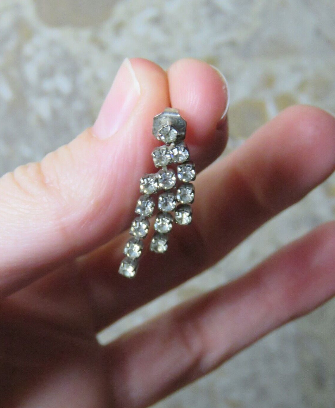 VTG Silver Rhinestone Triple Row Dangle Drop Tassel Post Pierced Earrings 1″