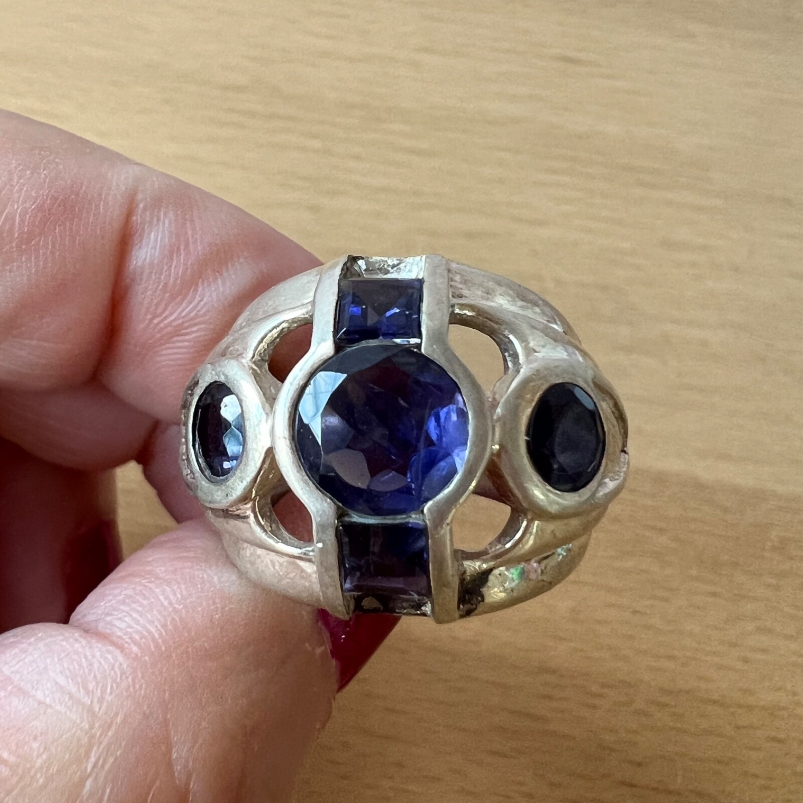 VINTAGE TANZANITE & IOLITE WIDE BAND RING 925 STERLING SLVER UNIQUE HEAVY CHUNKY