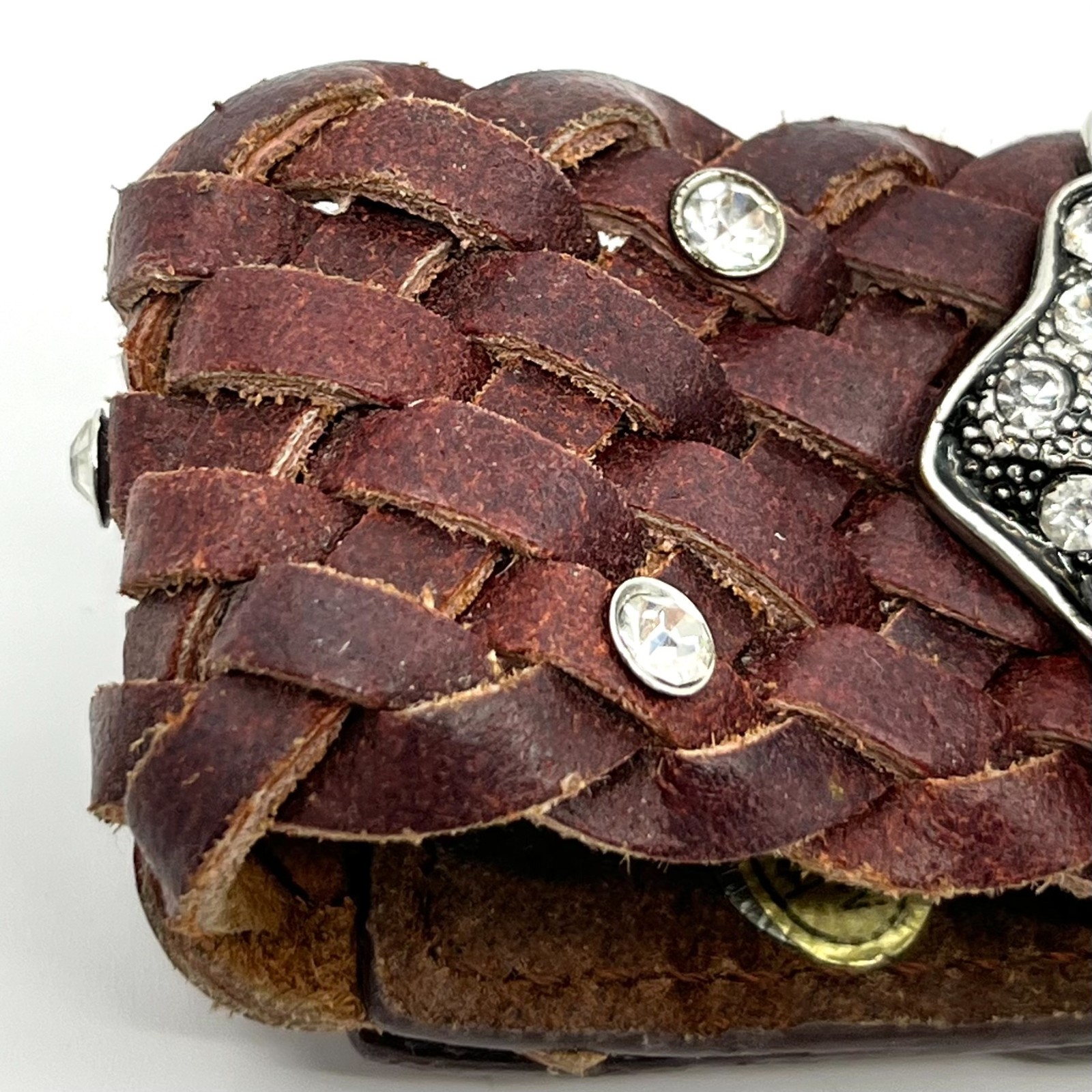 Vintage Y2K Brown Braided Leather Rhinestone Flower Cuff Bracelet Boho Retro