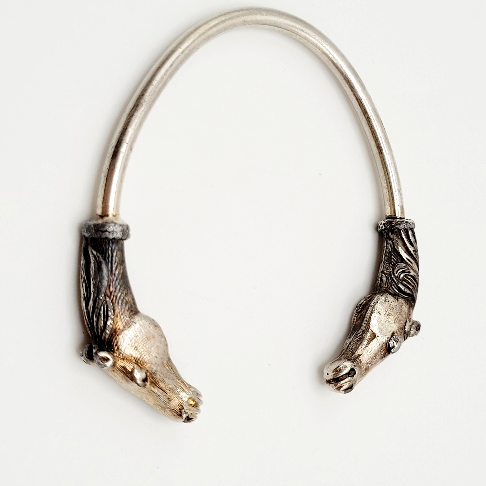 Double Horse Head Pewter Plated Copper w Patina Vintage 70s Torque Cuff Bracelet