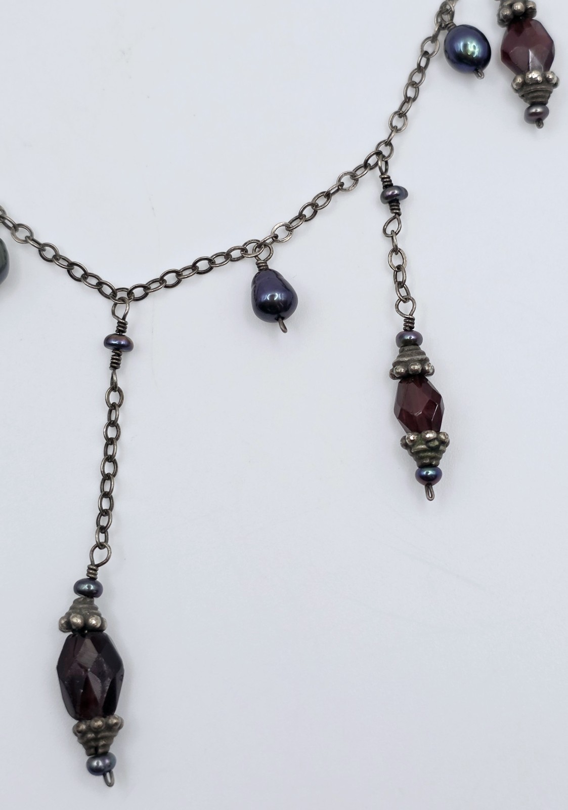 Vintage 925 Sterling Silver Garnet Pearl Festoon Dangle Necklace 15″ Choker