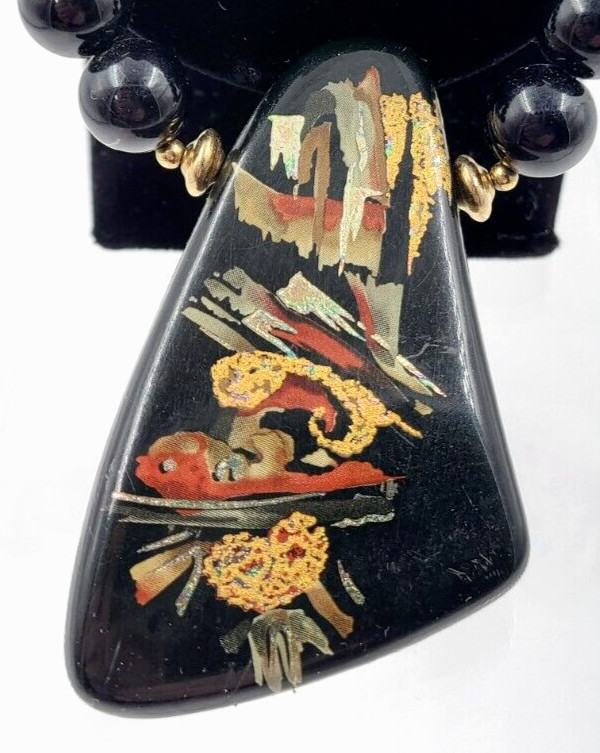 Vintage Asian Hand Painted Black/Gold/Red Lacquer Necklace Made in Japan