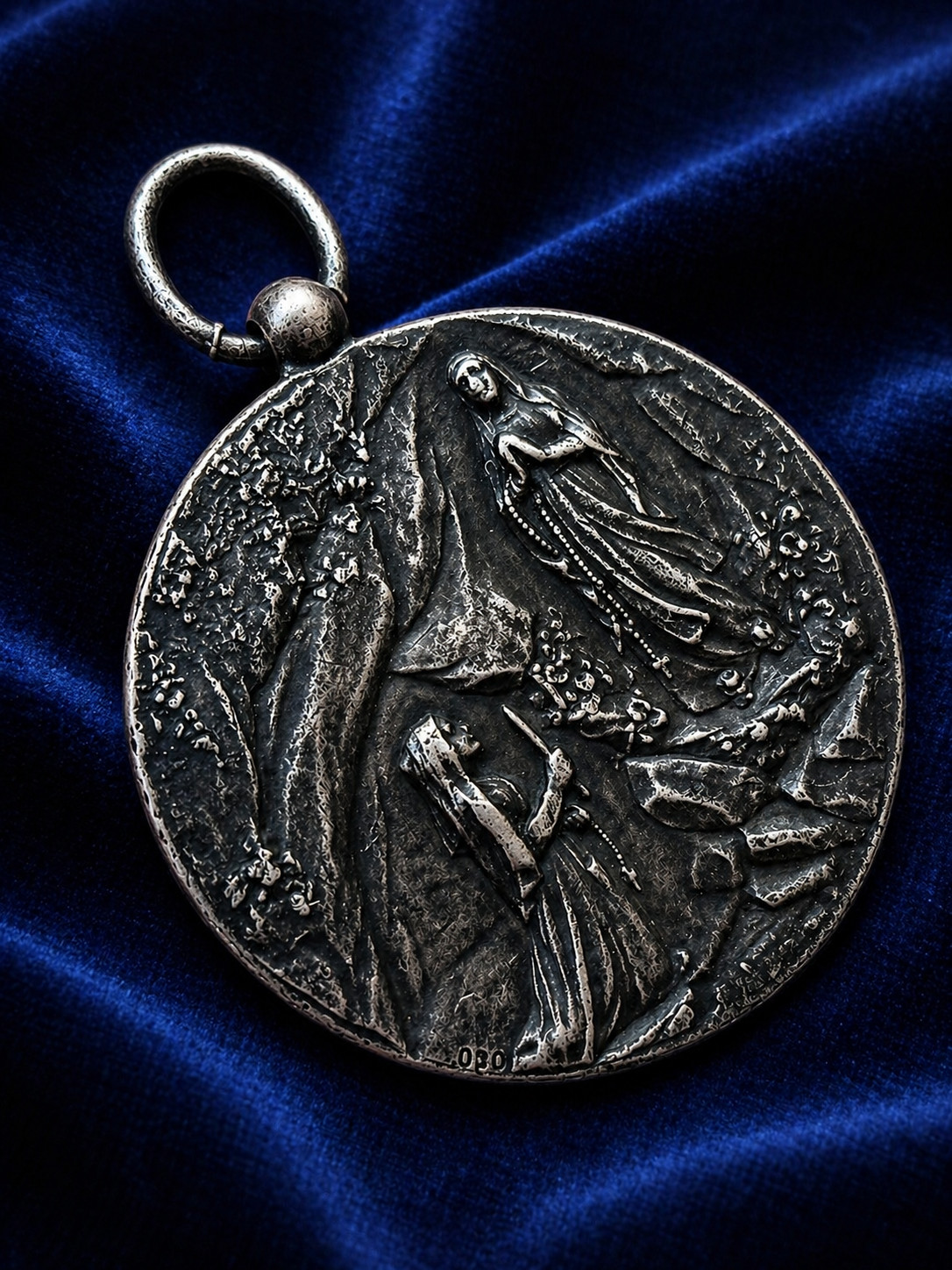 Large Antique Solid Silver Religious Medal Virgin Mary Angel Scene 19thC French