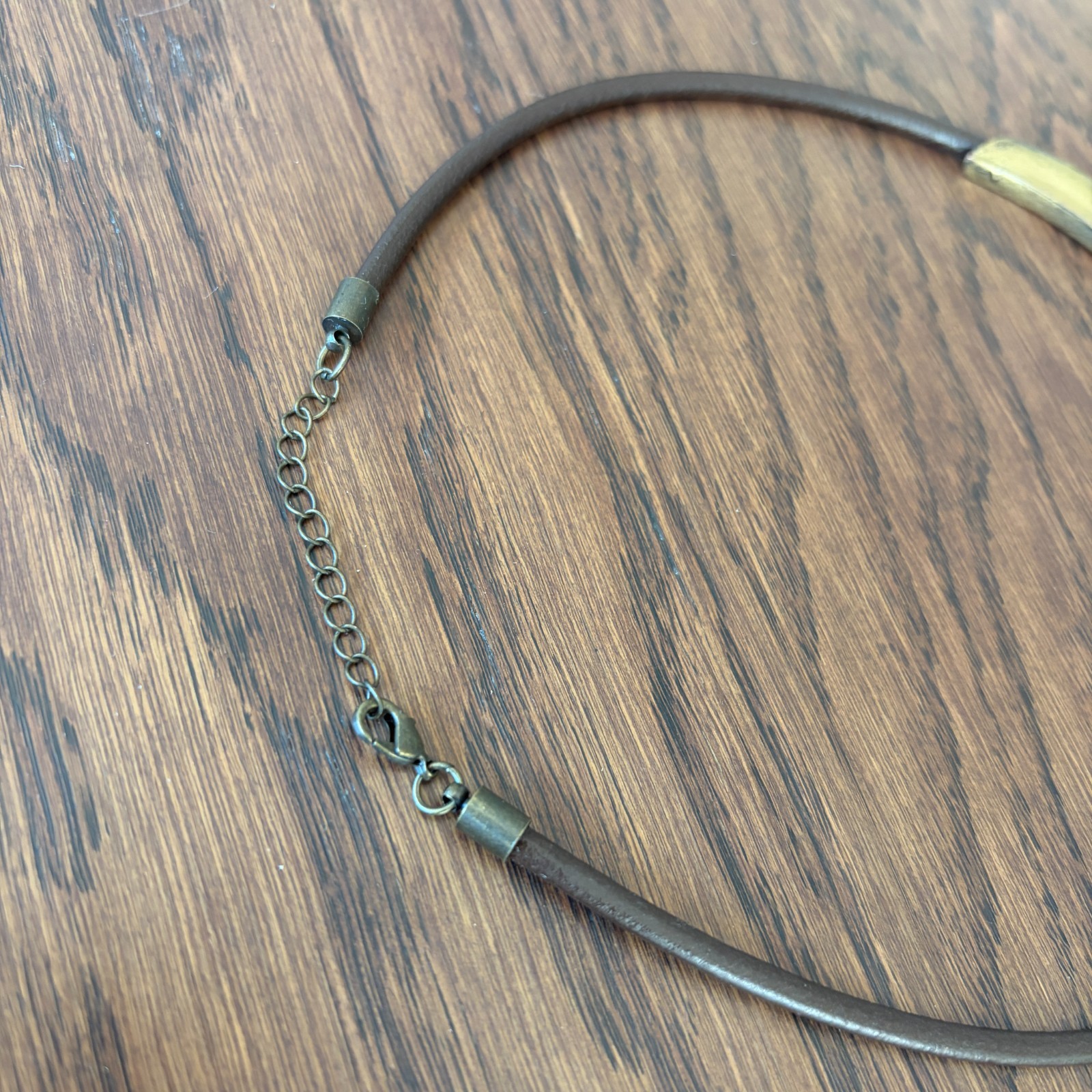 Vintage, Brass & Genuine Leather Collar Necklace, 17”(L) + 2” Extension