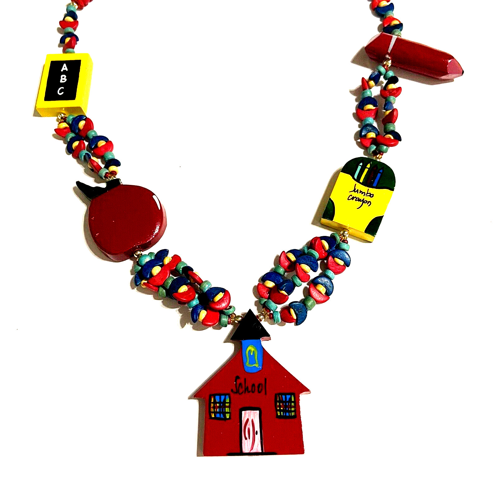 VTG Teacher Lot: Wooden Beaded Necklace & Bracelet, Notes, Apple, Magnetic Bus