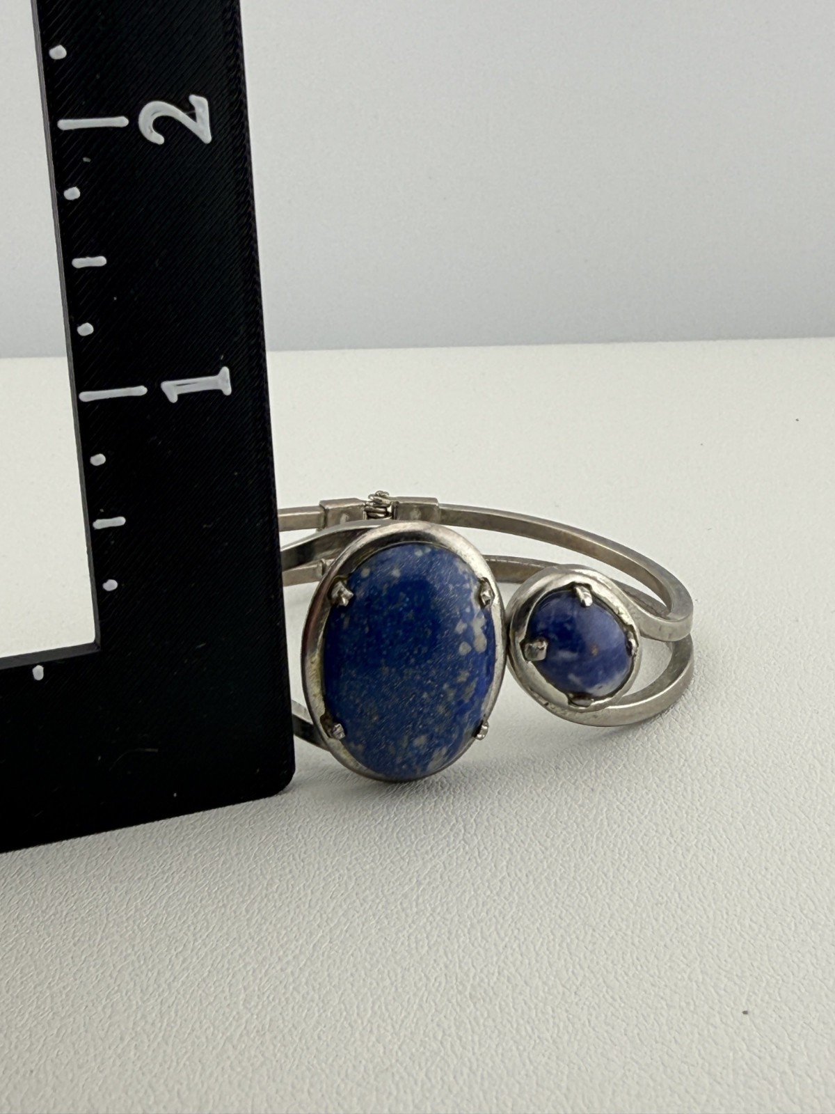Vintage Cuff Bracelet Oval Blue Stone Cabochons Hinged Boho Classic
