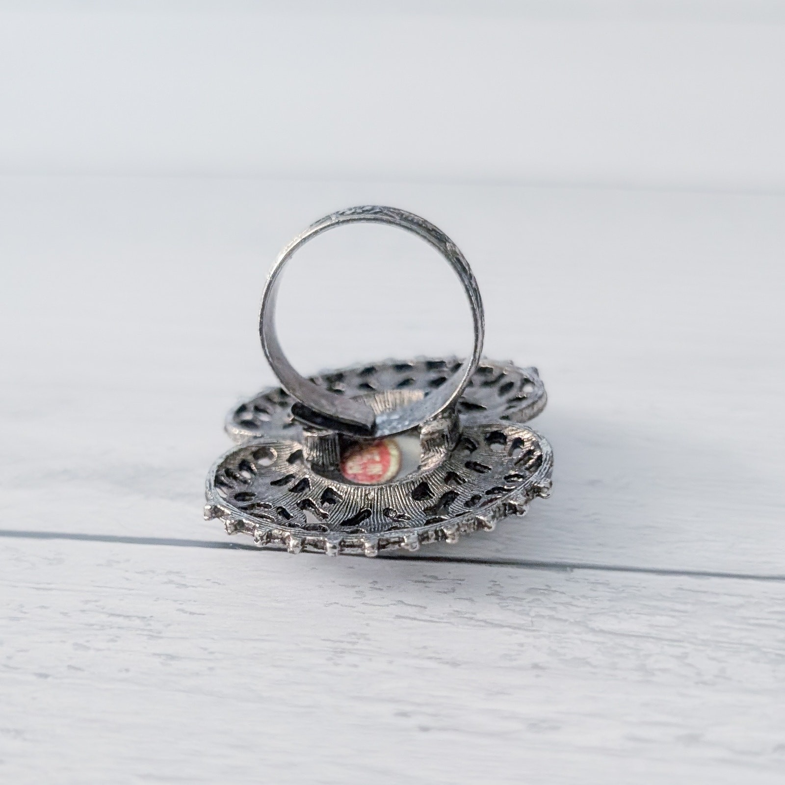 Vintage Ring Extra Large Dark Silver Tone with White Center Statement