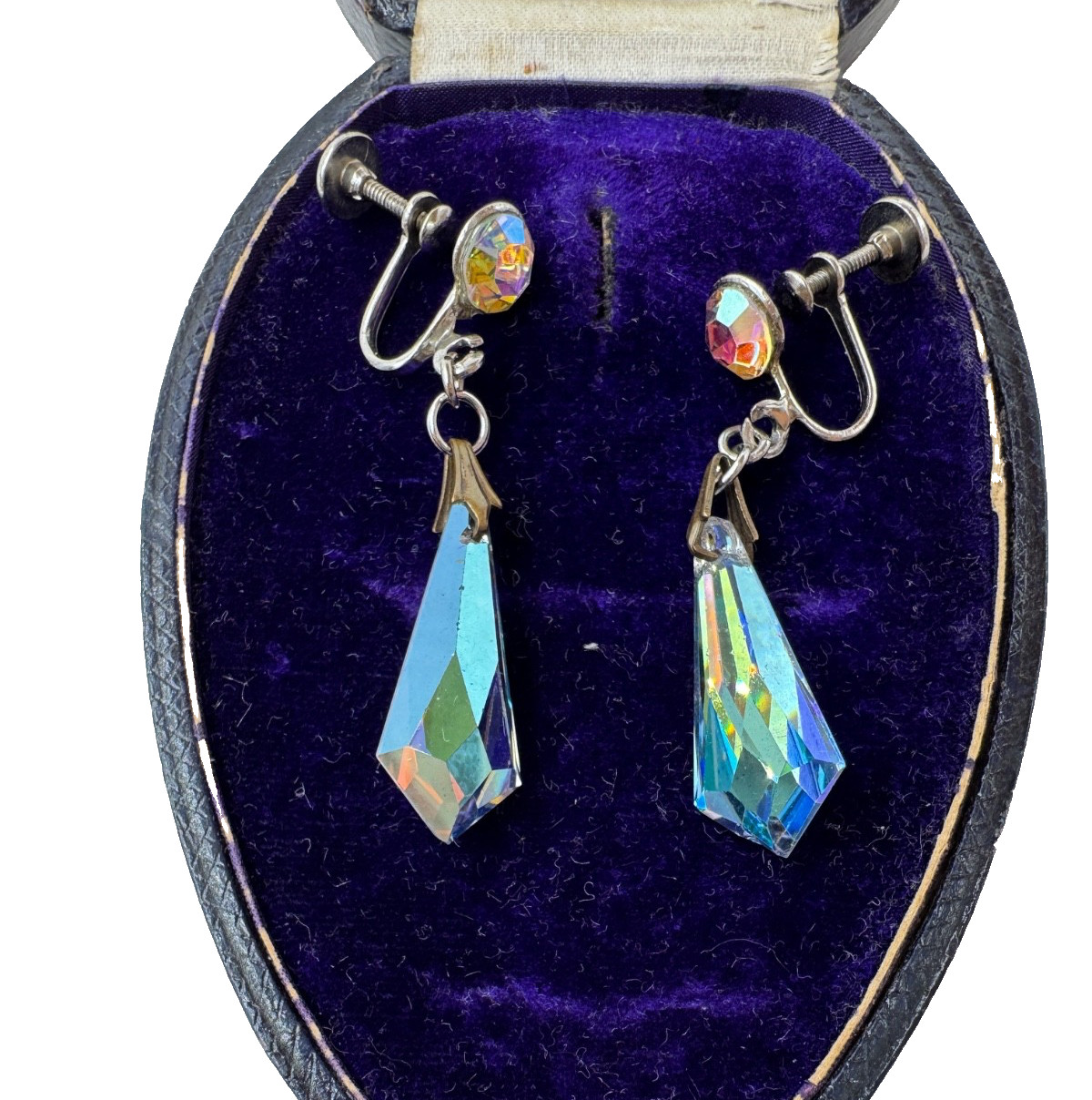 AURORA BOREALIS STELLA CRYSTAL OBELISK GORGEOUS VINTAGE DROP EARRINGS SCREW BACK