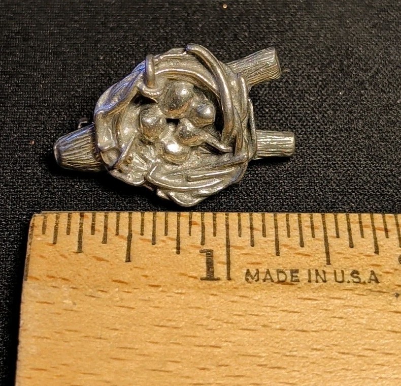Vintage Pewter Brooch Pin Bird’s Nest Eggs Branch Signed Clift Metal Jewelry