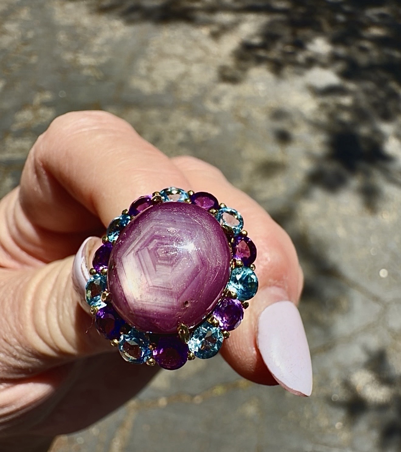 Hex Pink Sapphire Cabochon Ring. Topaz and Amethyst accents