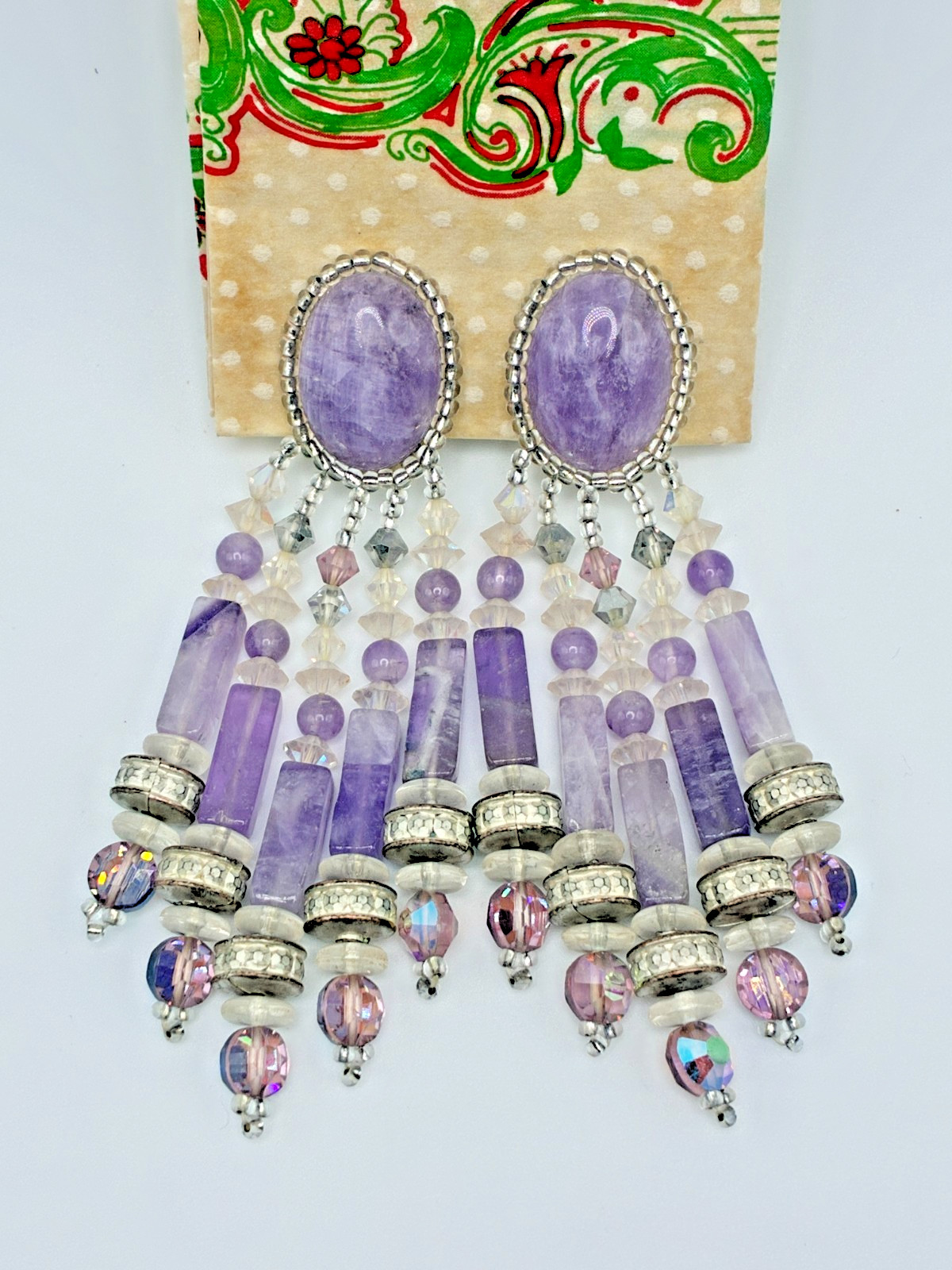 Elegant Classy Vintage Chipita Amethyst Stone Aurora Borealis Bead Clip Earrings