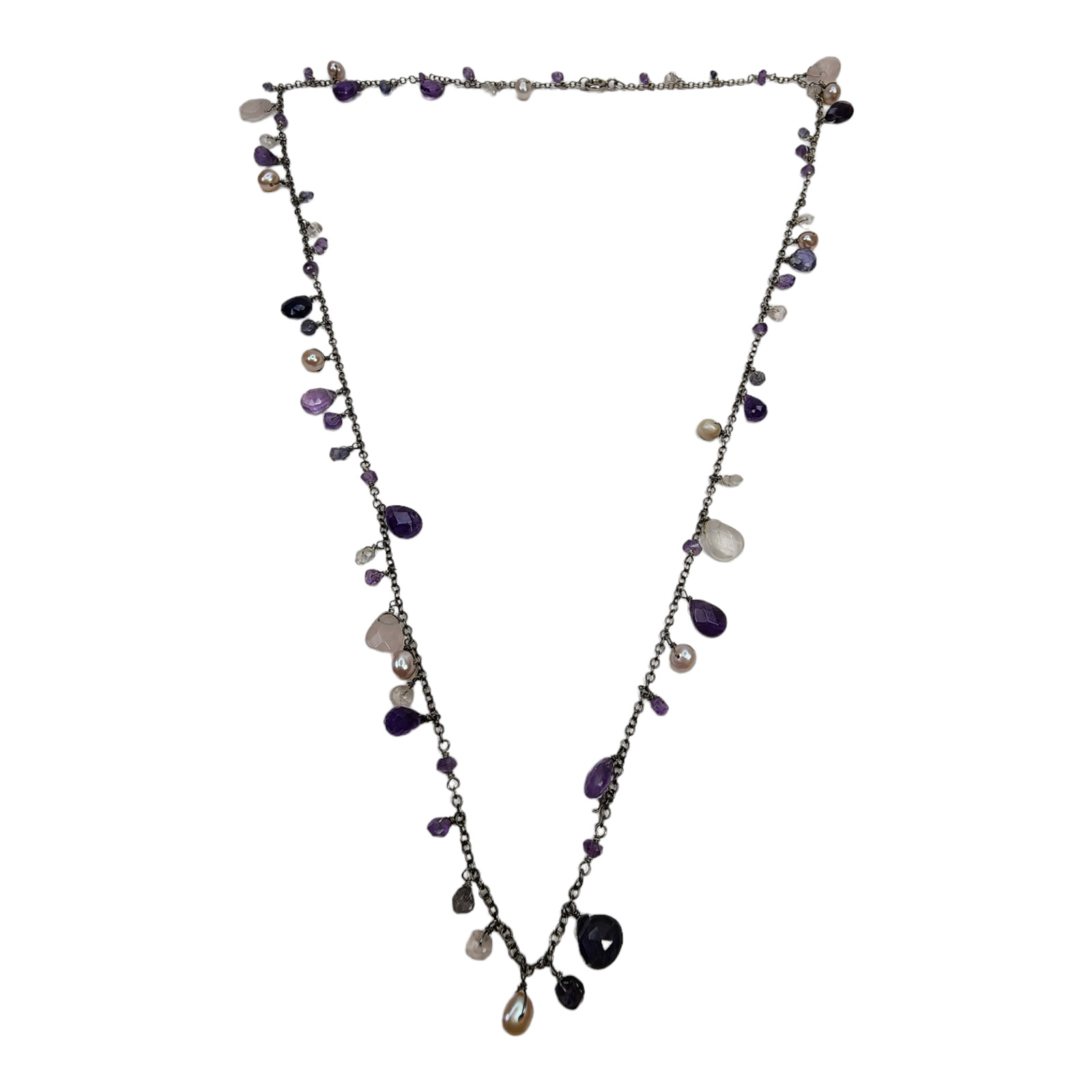 Sterling Silver 925 Necklace Faceted Amethyst Clear Quartz Pearl Beaded Dangle