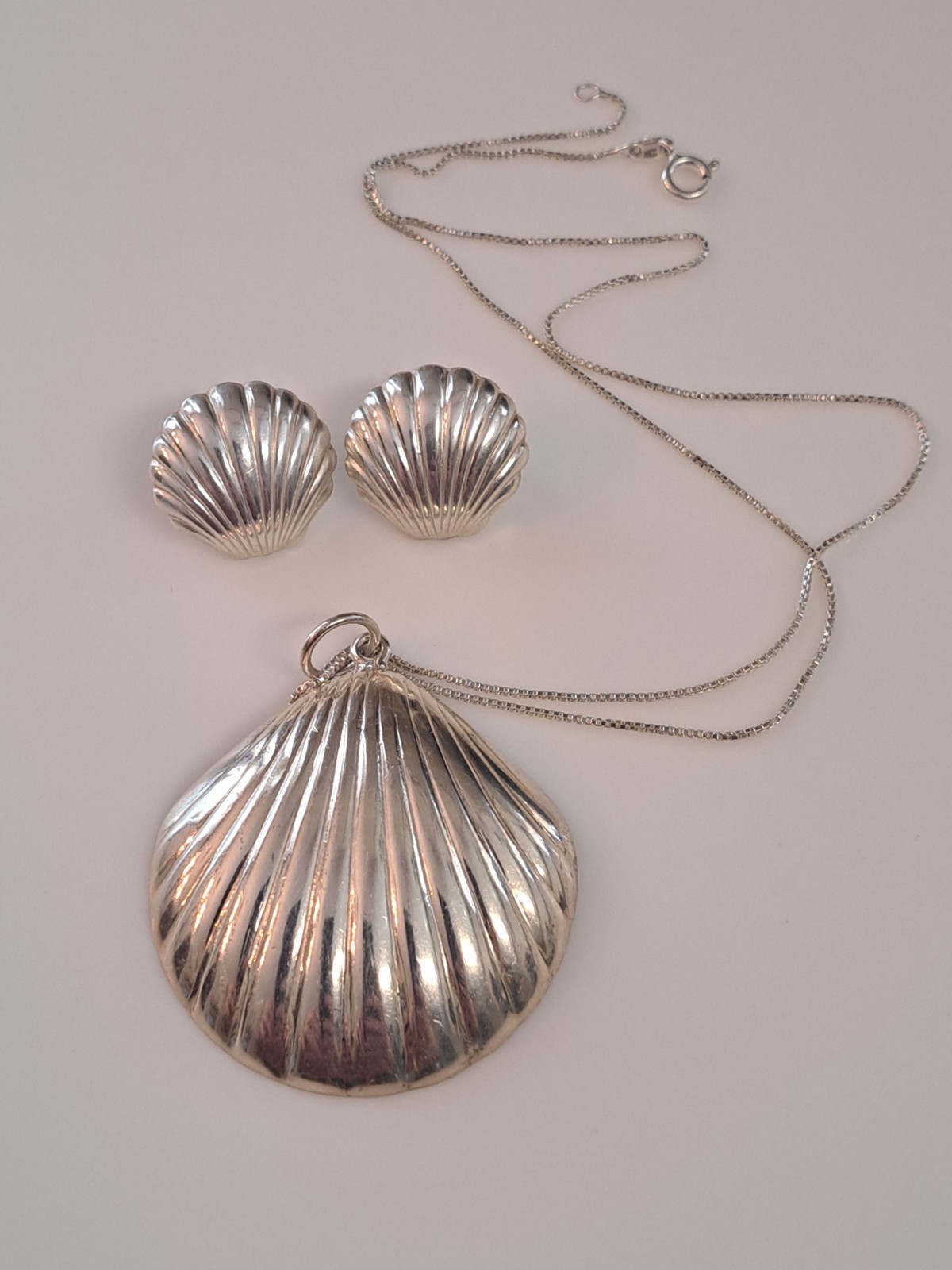 VTG Puffy Shell Necklace Sterling & Scallop Earrings Set Coastal 925 Beach Sea