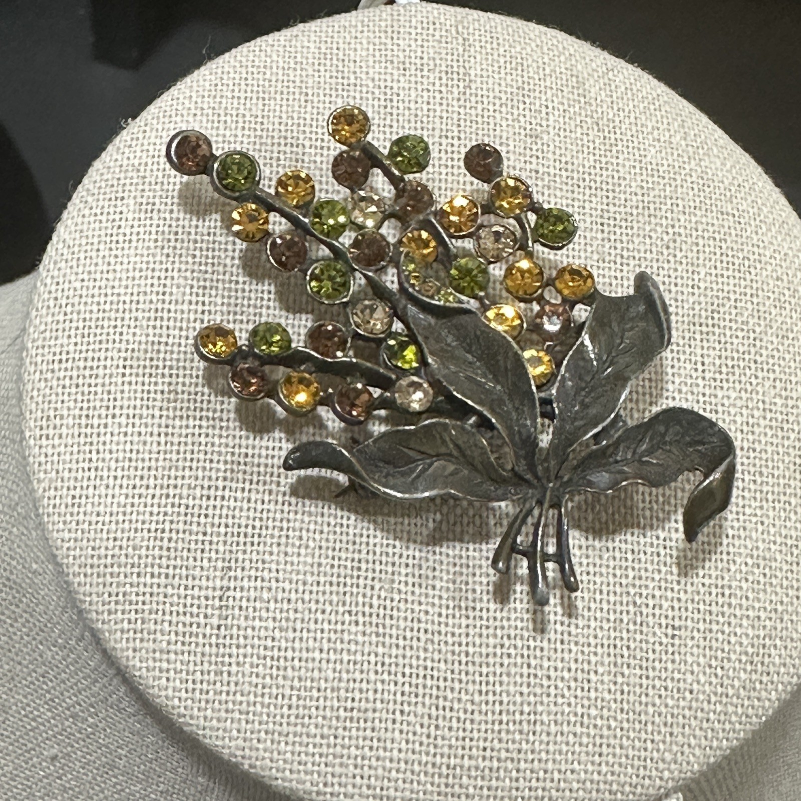 Vintage Rhinestone Leaf Spray Brooch Green Gold Brown Fall Colors Sparkle Autumn
