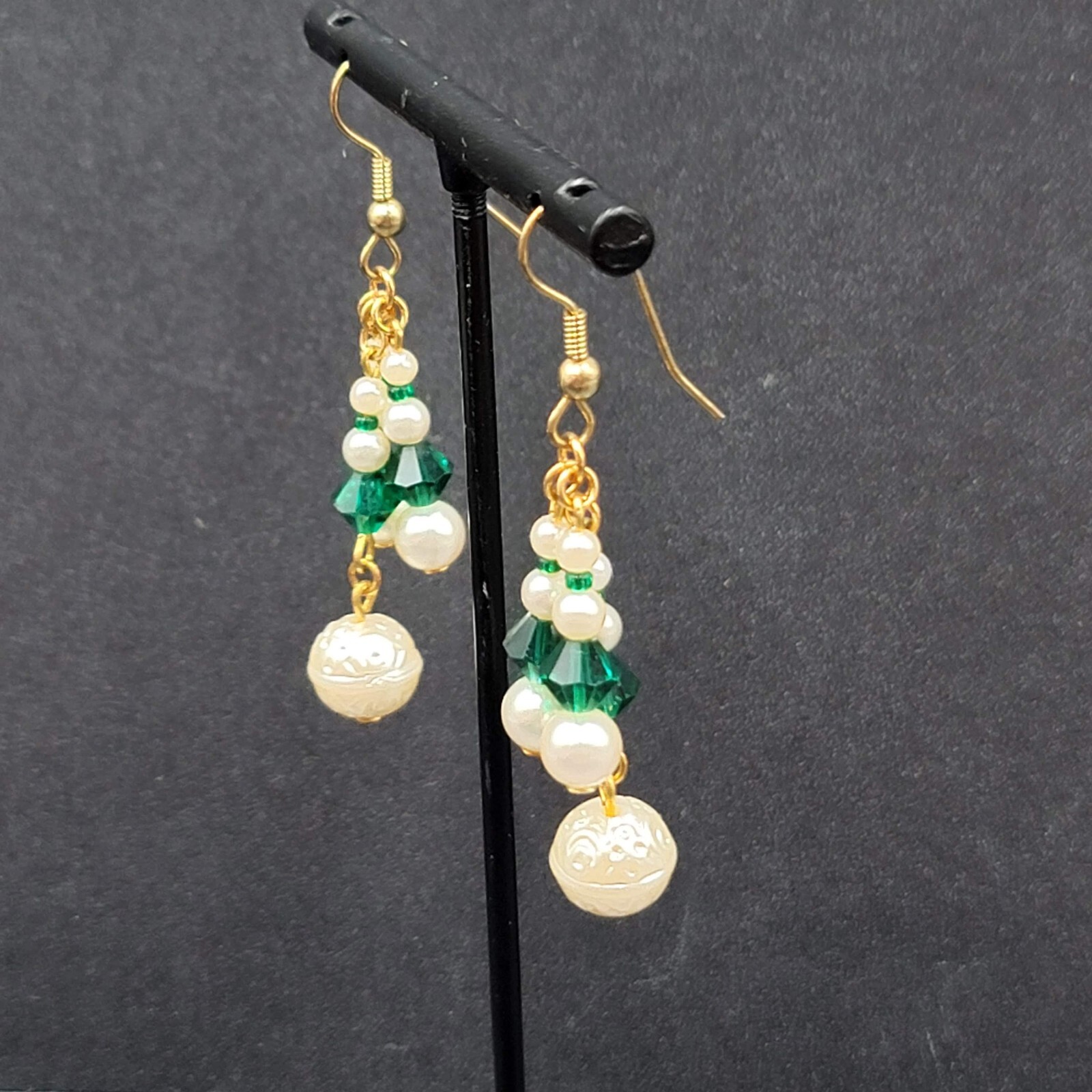 Vintage Pierced Earrings Faux Pearl Green Crystal Beads Dangle 1.5″