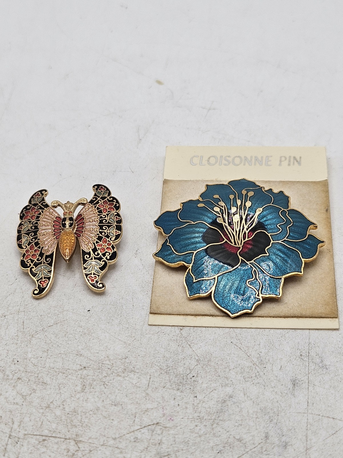 Vintage Cloisonne Brooch Lot Of 2, 1 Flower, 1 Butterfly. Unmarked