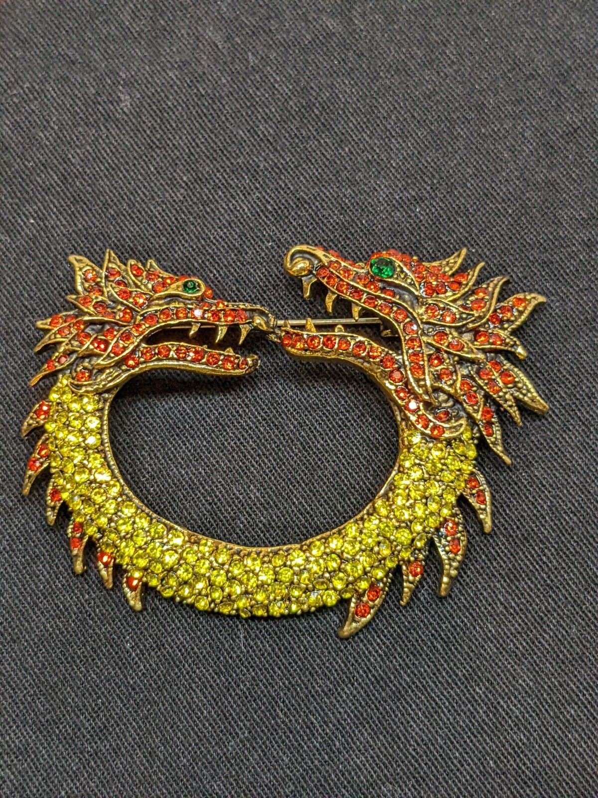 Vtg Dragon Brooch Gold Tone Green Red Rhinestone Chinese Fantasy Statement Pin