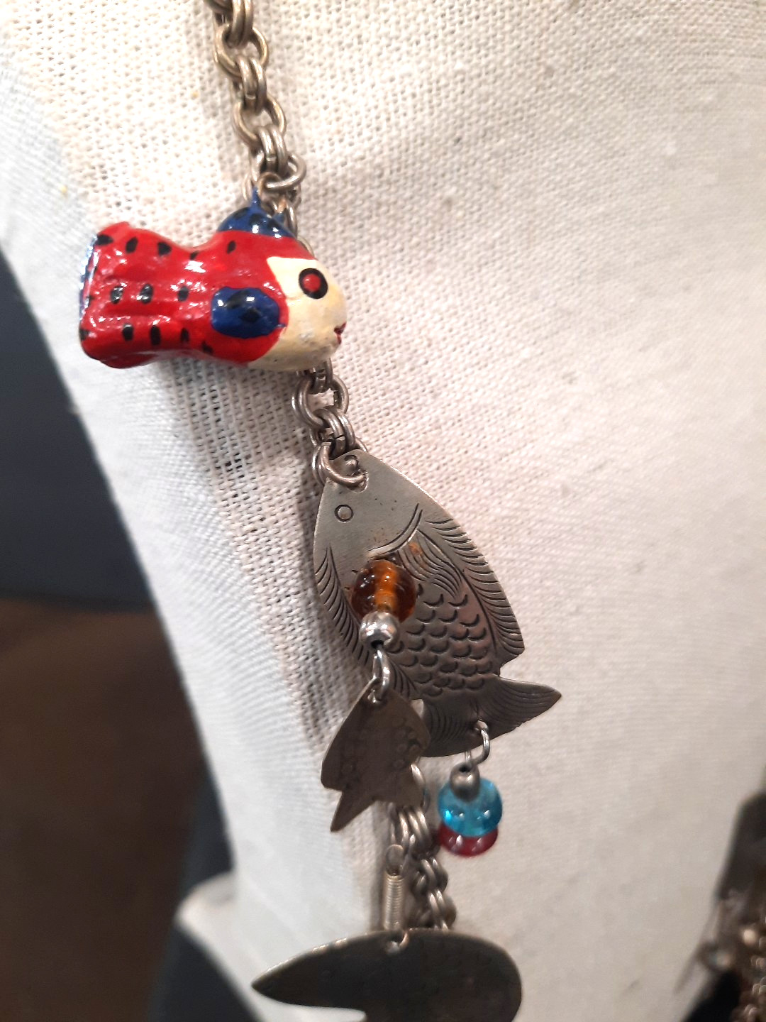 Vintage Eclectic Charm Necklace Fish Star Beads Mixed Metal 28” Long