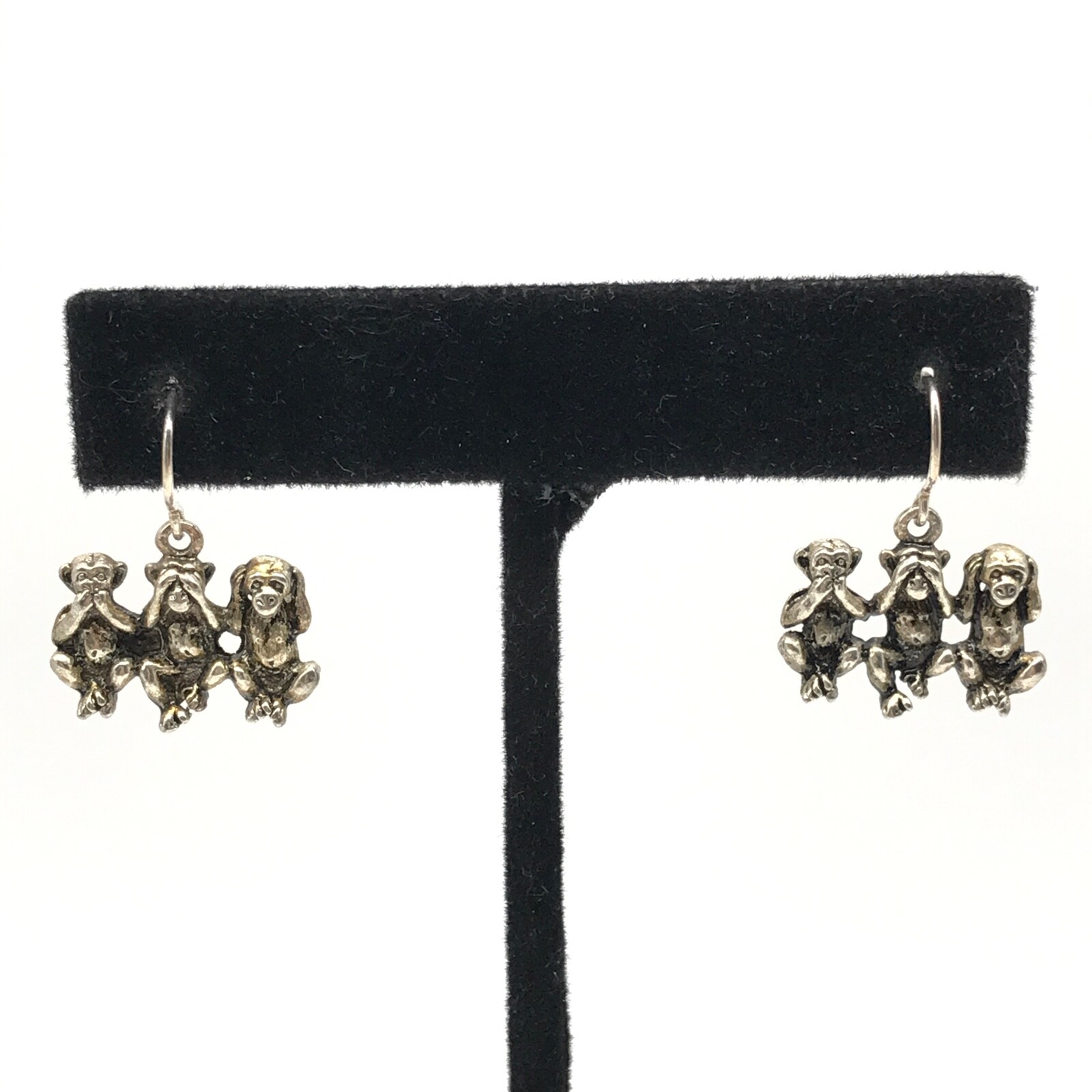 Vintage Silver Tone Triple Monkey Animal Themed Dangle Earrings