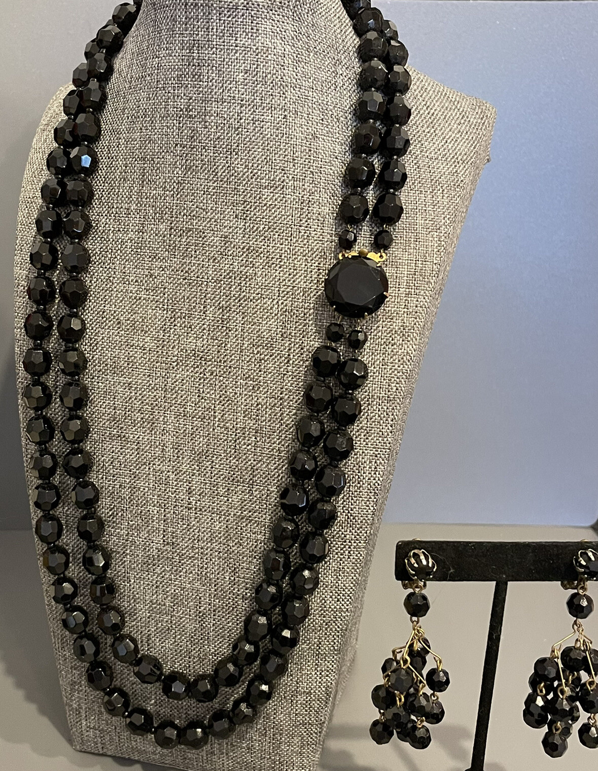 Vintage Faceted Jet Black Glass Bead Necklace West Germany – Clip On Earrings
