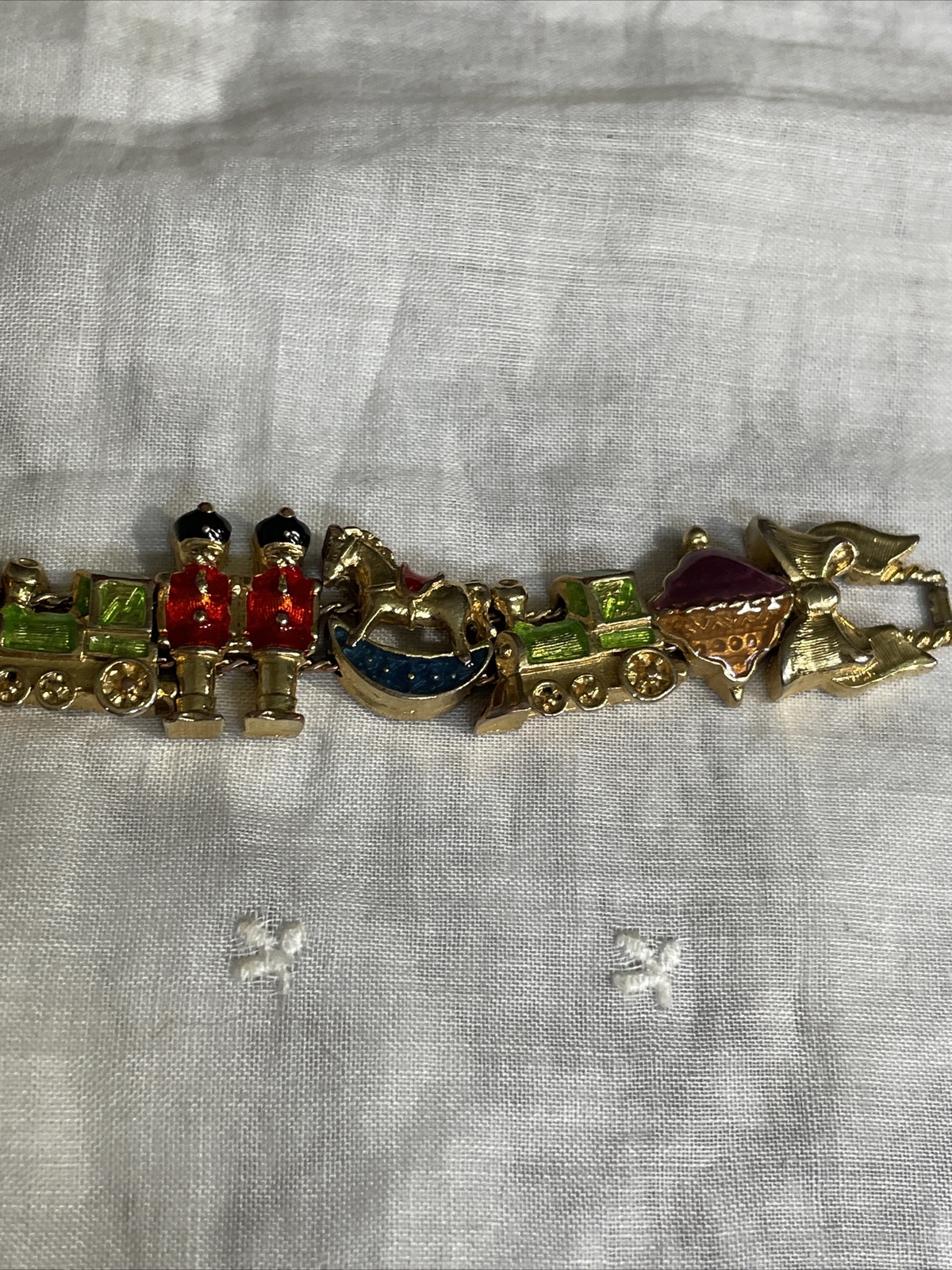 Vintage SP Enamel Christmas Slide Bracelet Train Rocking Horse Soldier YT-50