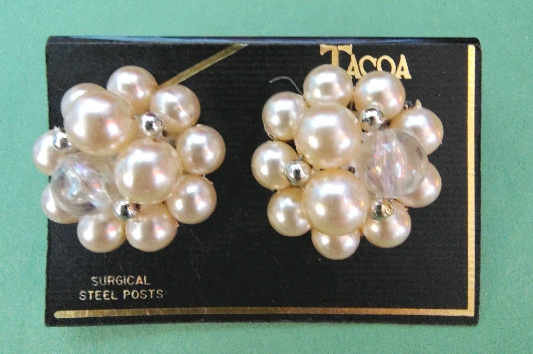 Vintage TACOA Pearl & CLEAR Acrylic Earrings in Silver Tone