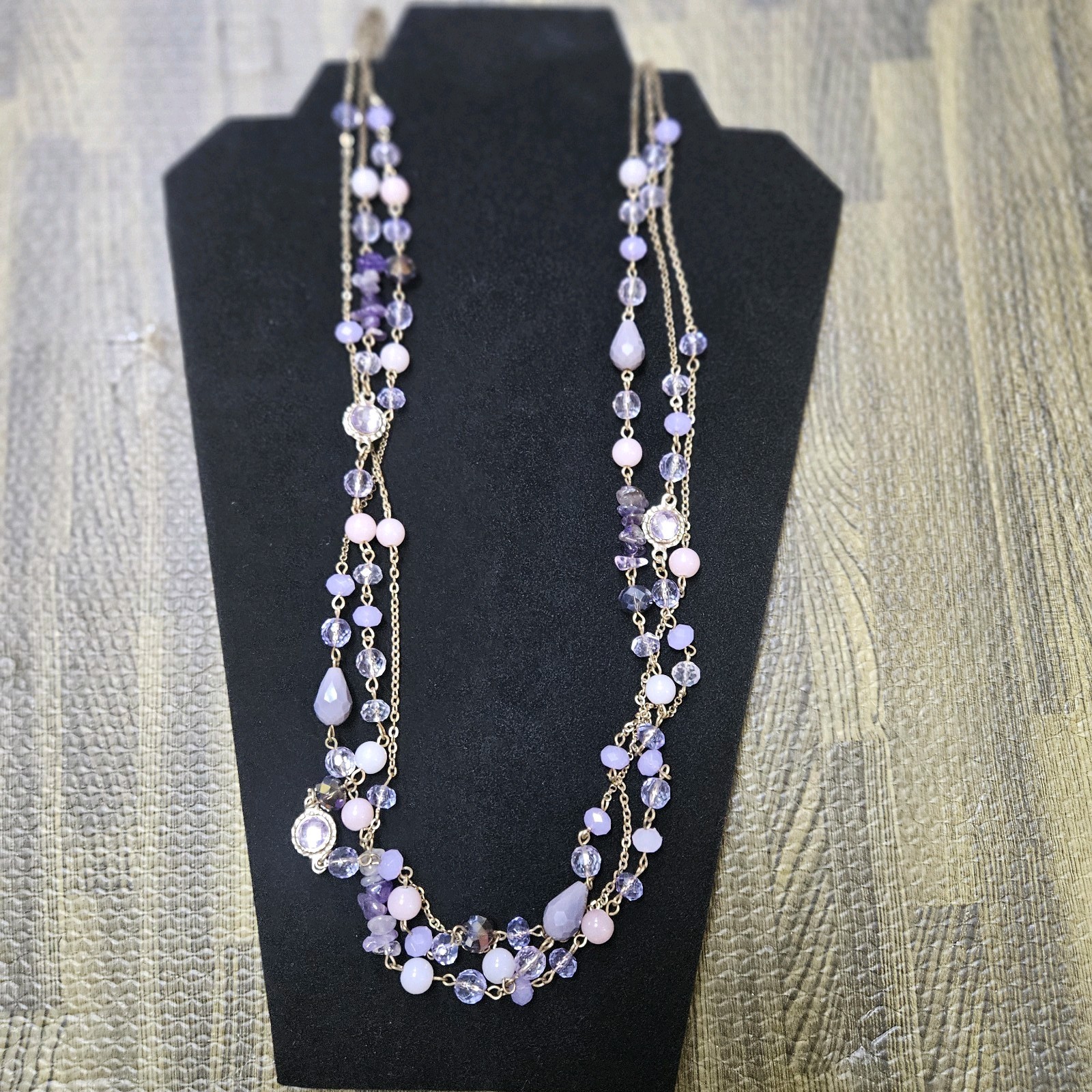 Long Layered Amethyst Chalcedony Crystal Bead Necklace Purple Pink Gold Tone