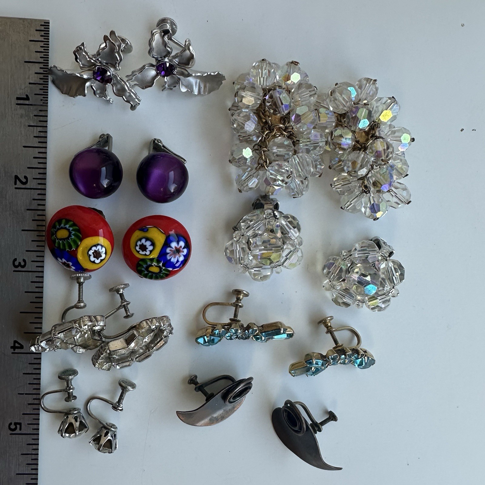 Vintage Clip On Earring Lot Millefiore Hollycraft Star Orchid Moonglow Purple