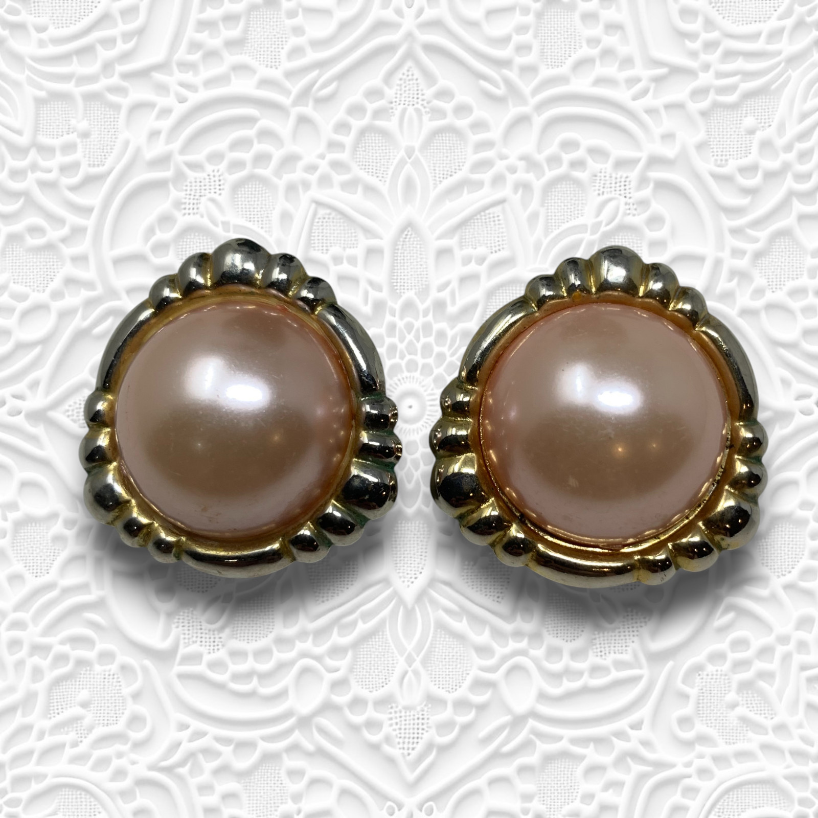 Vintage 1980s Pink Cabochon Gold Tone Oversized Pierced Earrings Mogul Couture