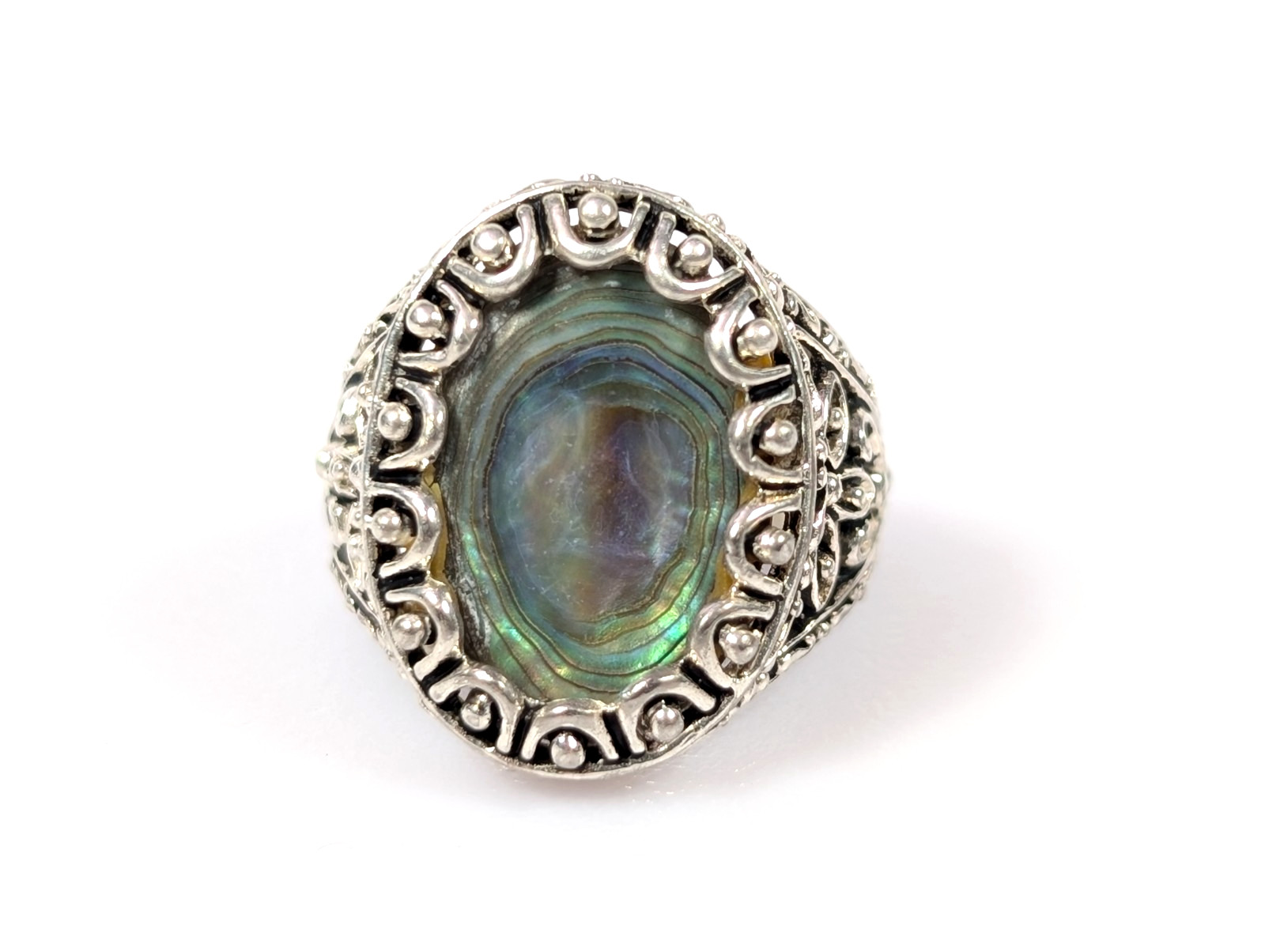 Vtg Abalone Sterling Silver 925 Scalloped Open Filigree Statement Ring CW Sz 5.5