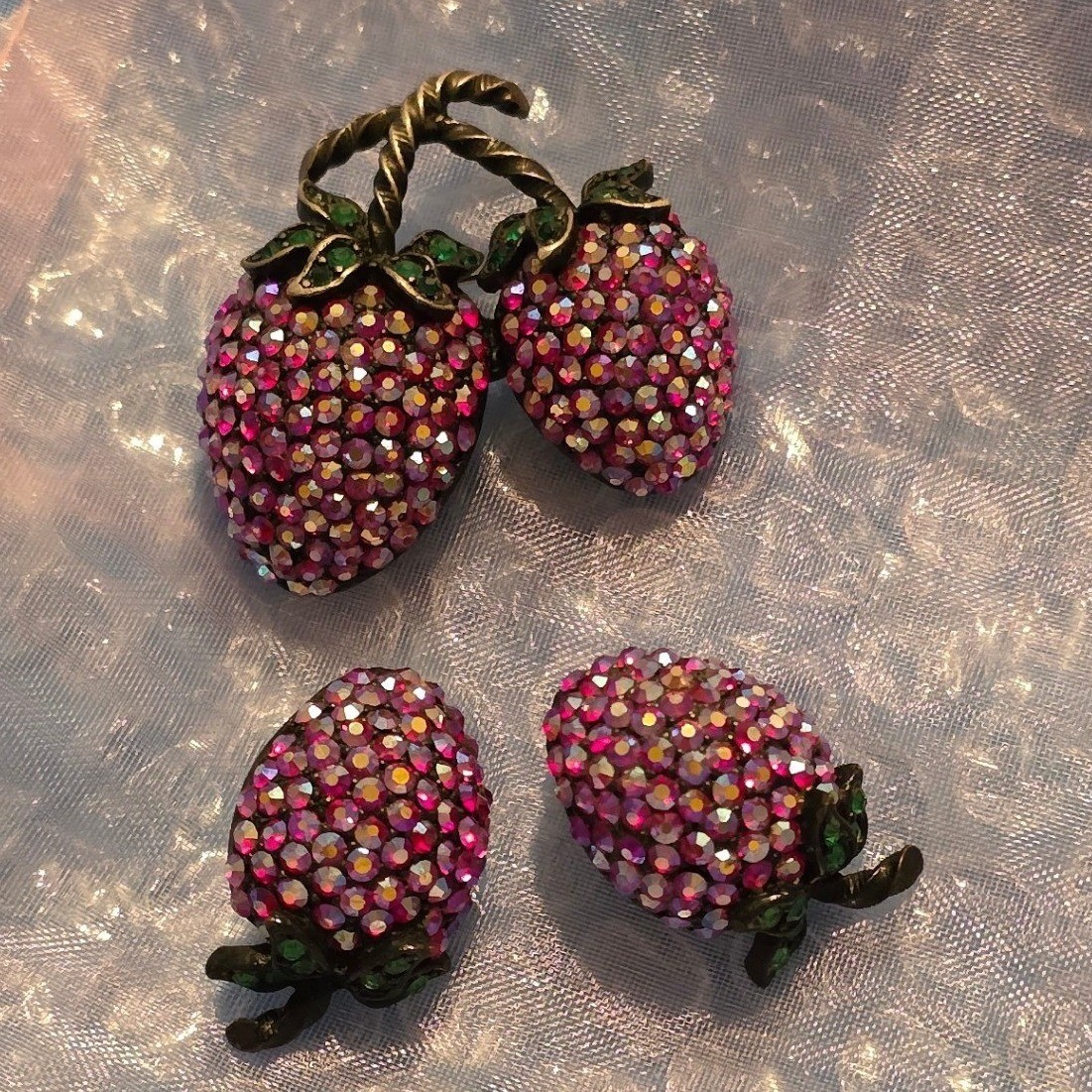Weiss Vintage Japaned AB Red Strawberry Brooch & Clip-On Earrings Set