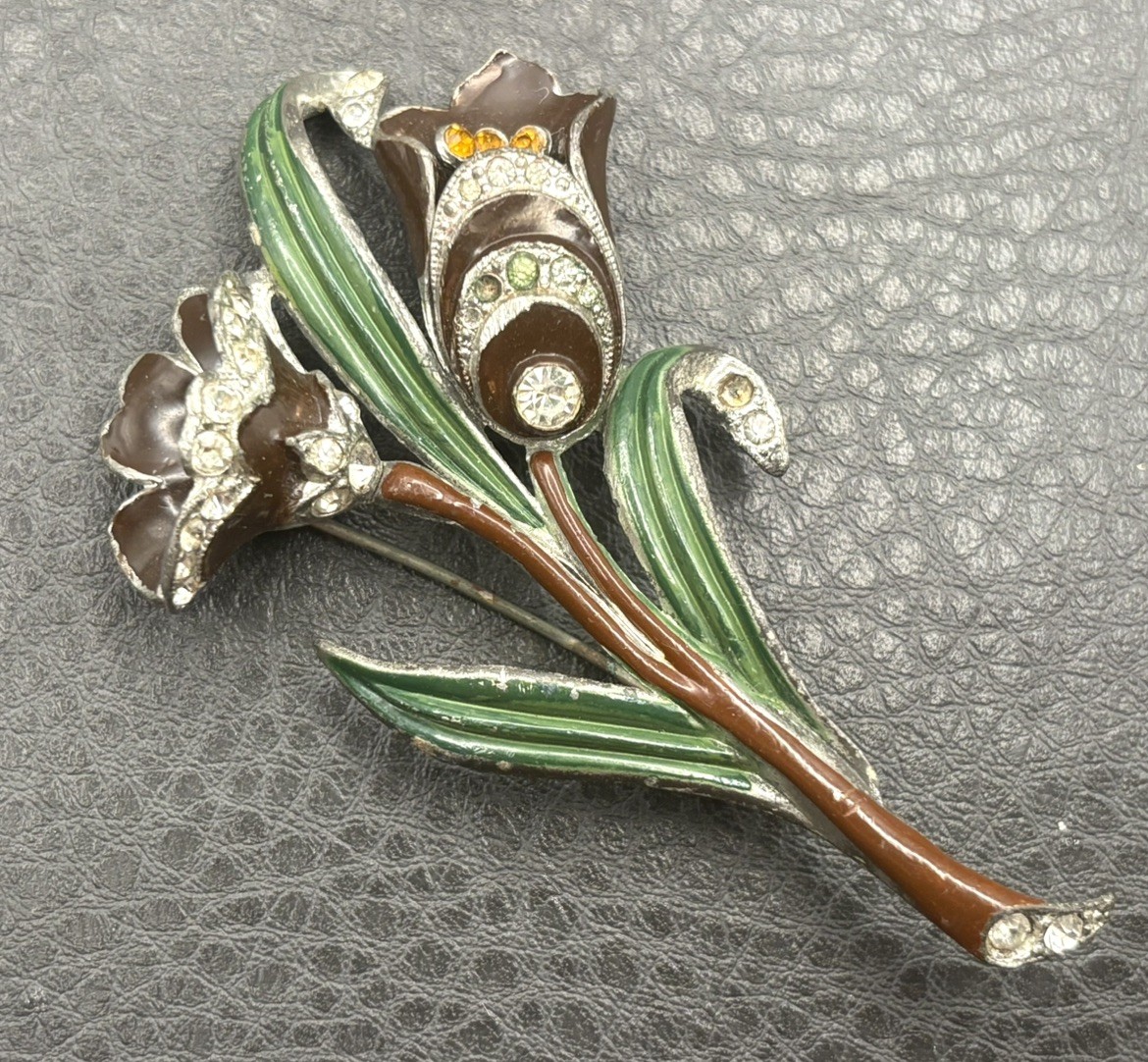 Large Figural Double Flower Brooch Enameled & Rhinestone Vintage Pot Metal