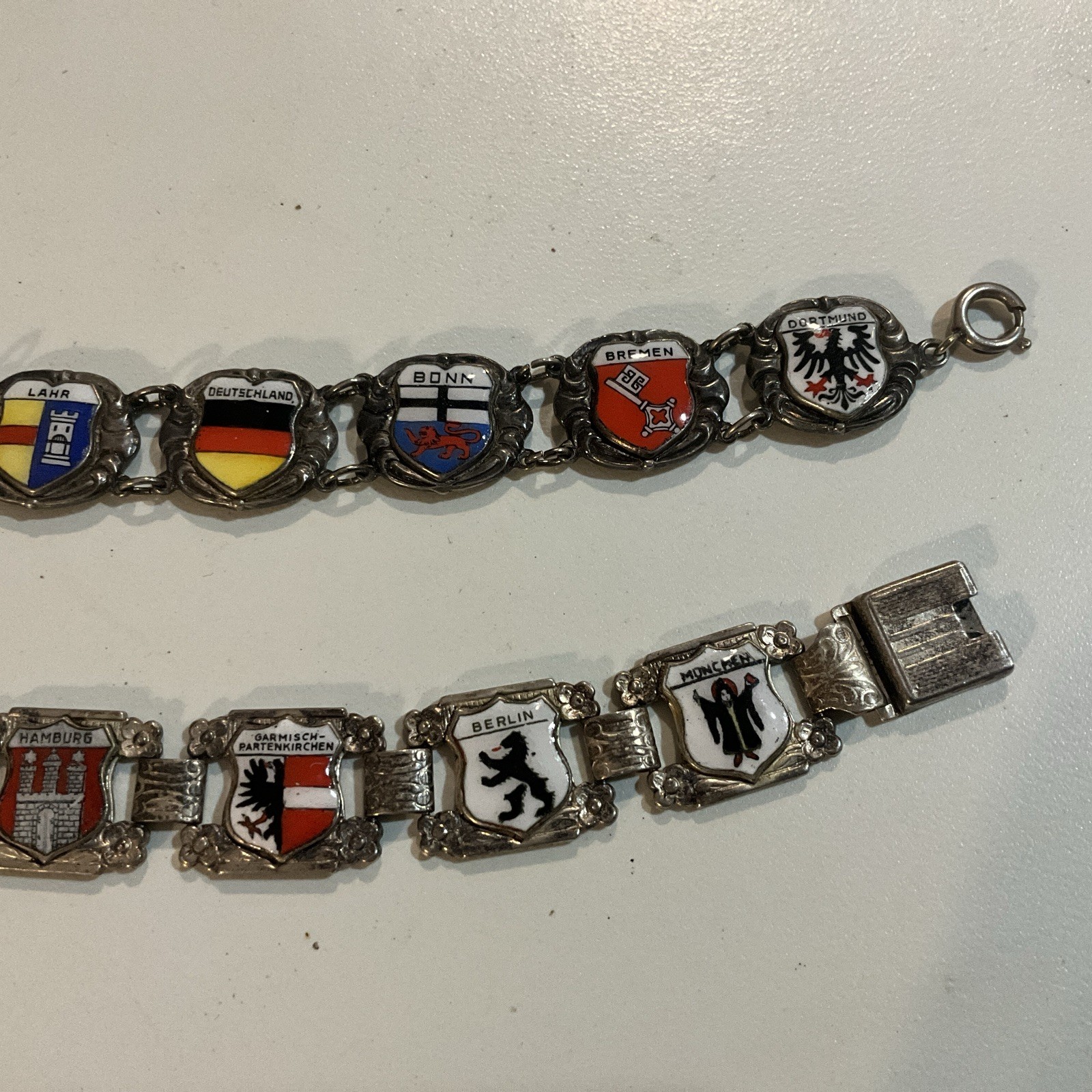 2 Vintage Coat Of Arms Heraldic Enamel Panel Bracelet 1950s GERMANY SILVERPLATED
