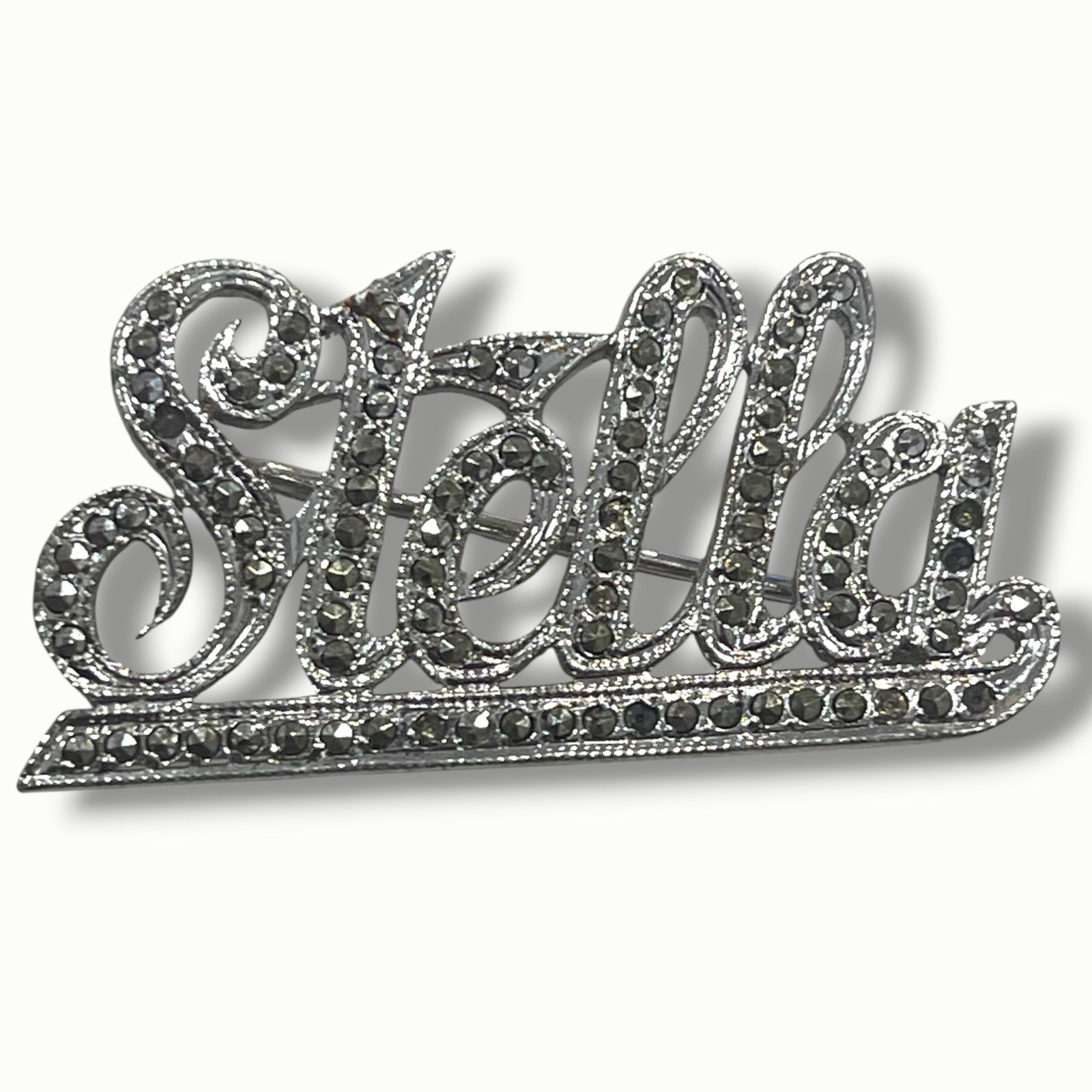 Sterling Silver STELLA Pin Vintage B-K 925 Marcasite Brooch Cursive Writing