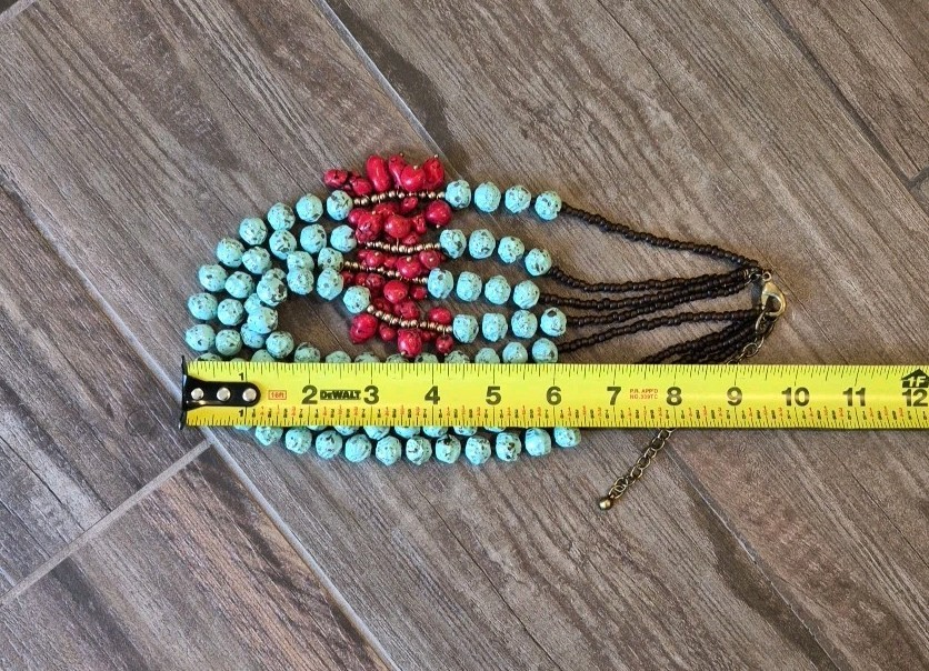Vtg Handcrafted Turquoise Red Coral Chunky Four Strand Beaded Statement Necklace