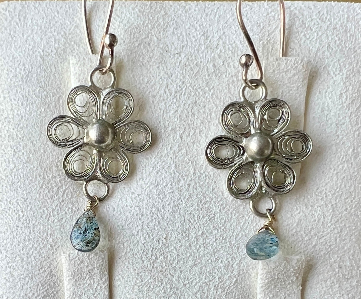 Ornate Vintage Style Filigree Aquamarine Flower Dangle Earrings Sterling Silver