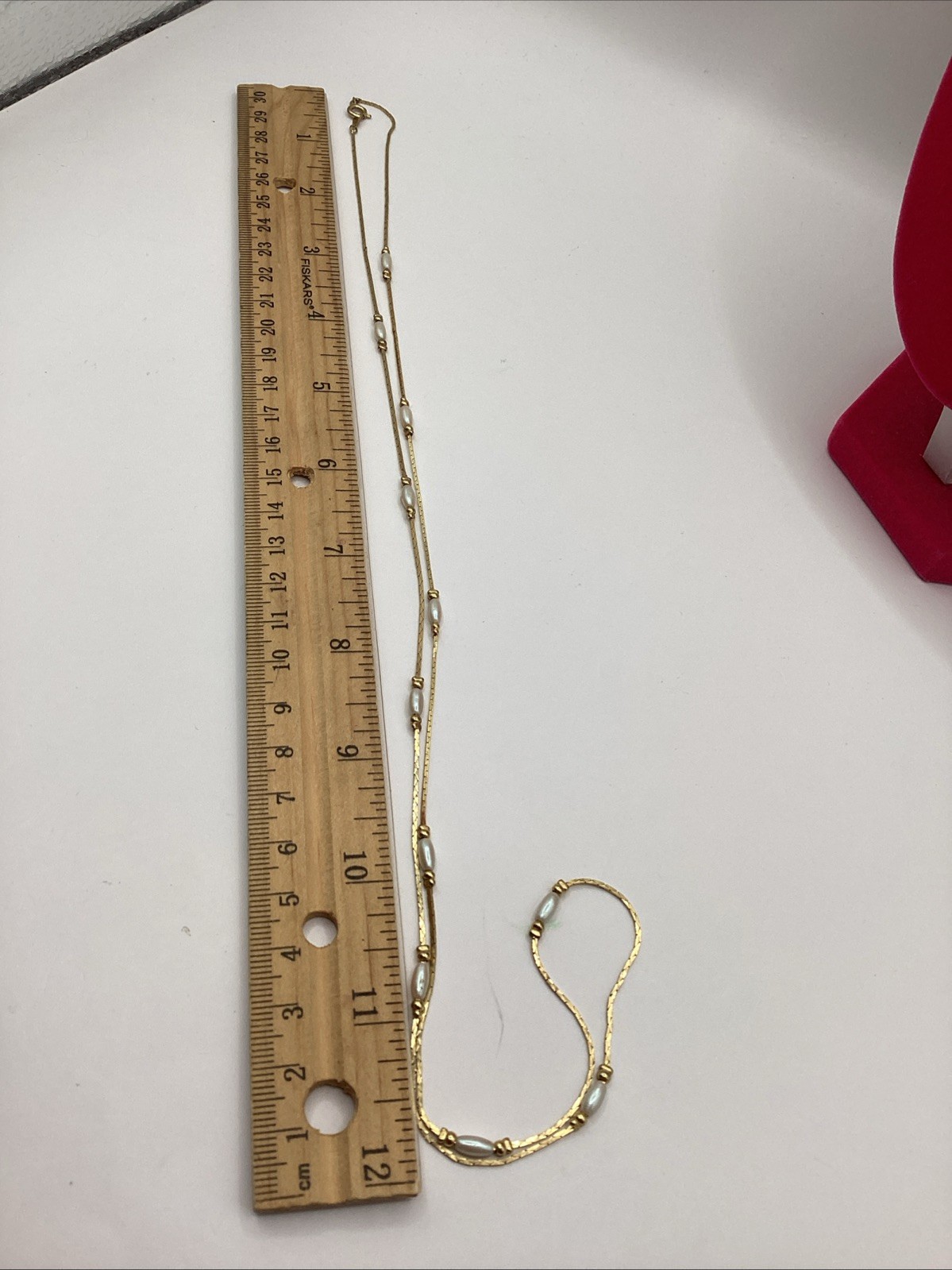 Vintage Gold Tone Bar And Link Station Necklace With White Faux Pearls 30in Long