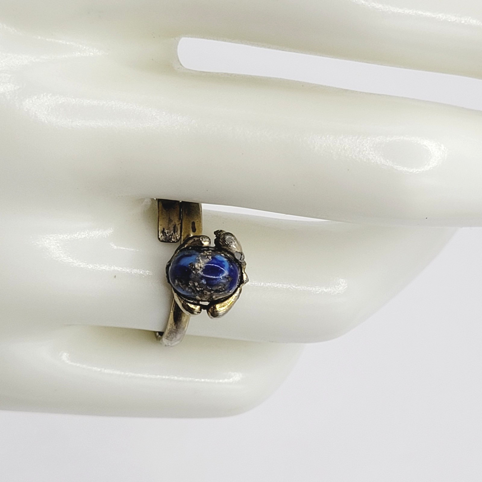 Antique Lapis Lazuli Small Domed Stone w Specks Ring Adjustable Worn Distressed